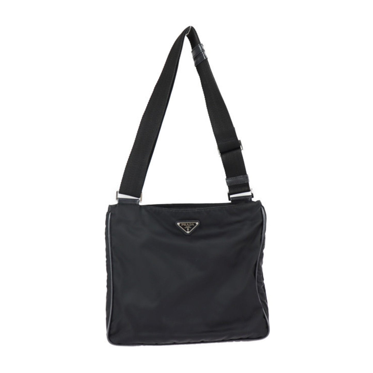 PRADA Shoulder Bag VA0251 Nylon Leather Black Silver Hardware Messenger Triangle Logo Plate