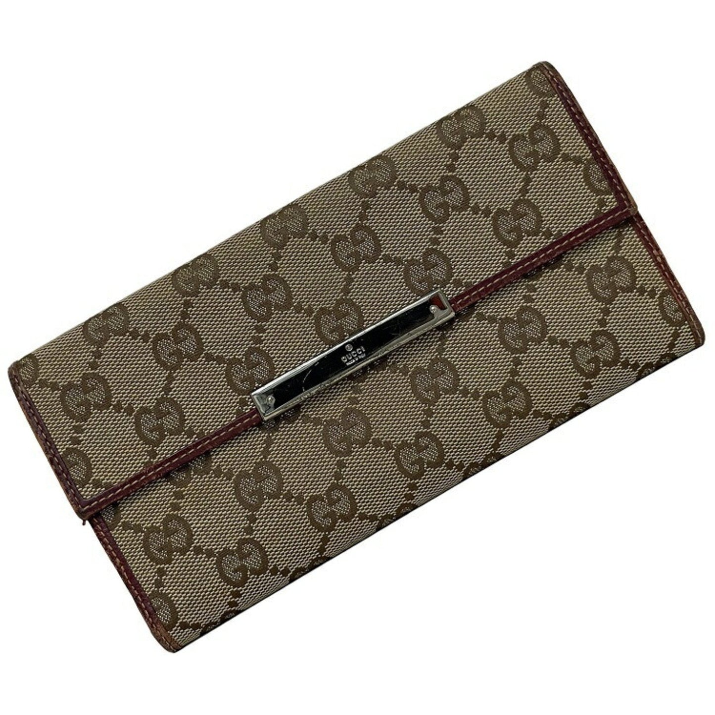 Gucci Bi-Fold Wallet Beige Wine Red 112715 GG Canvas Leather GUCCI W Ladies Long Plate