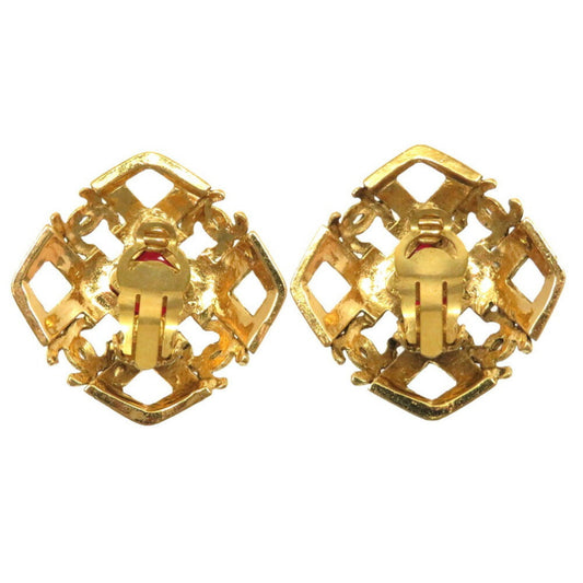 Chanel Vintage Coco Mark Stone Red Gold Earrings Accessories