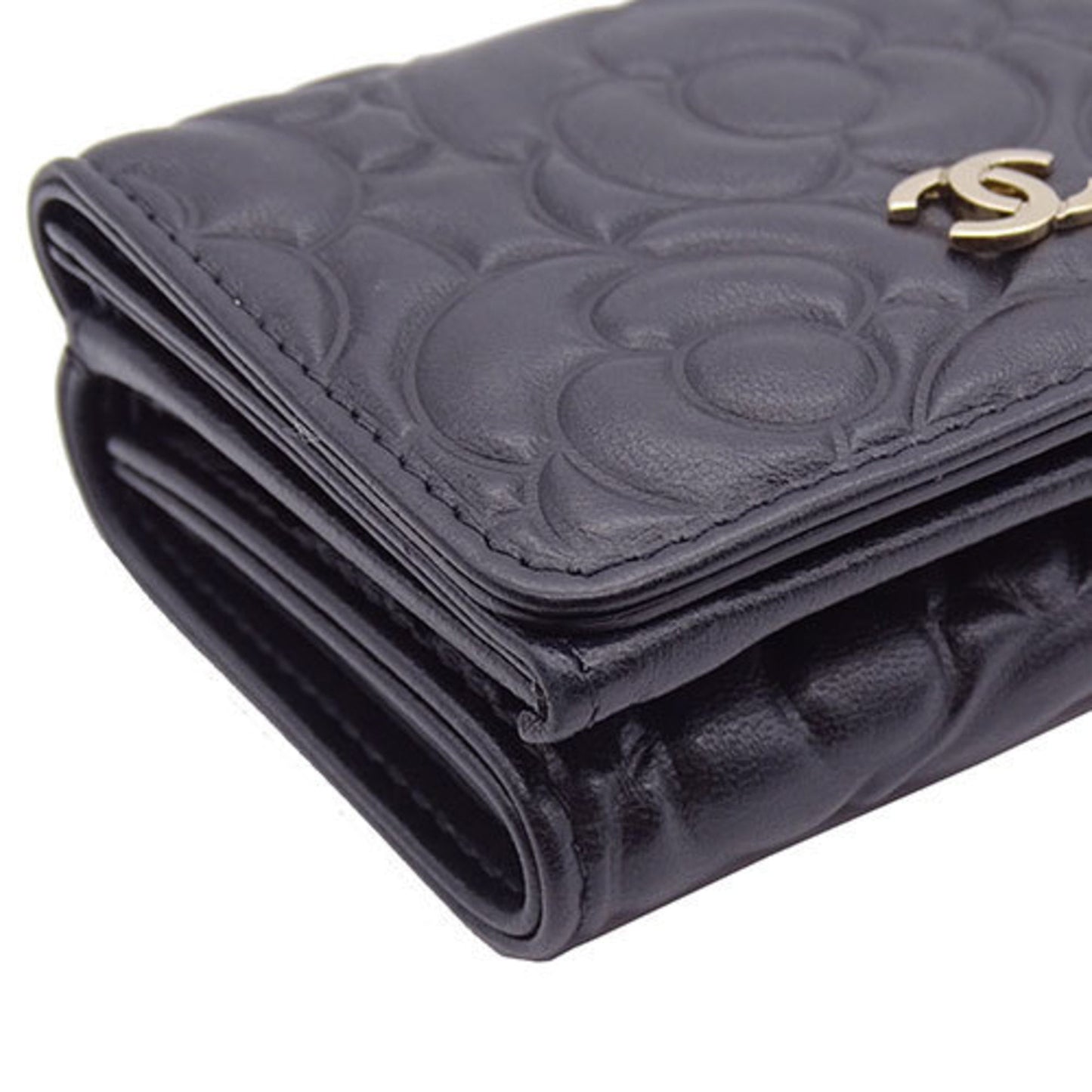 CHANEL Wallet Women's Trifold Leather Camellia Black