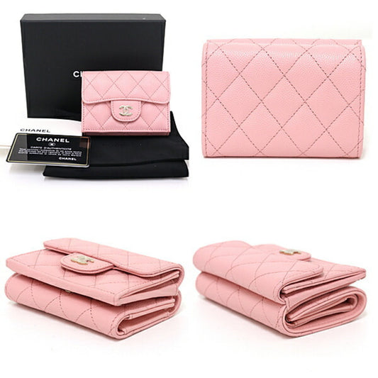 CHANEL Matelasse Classic Small Flap Caviar Skin Trifold Wallet AP0230 Pink