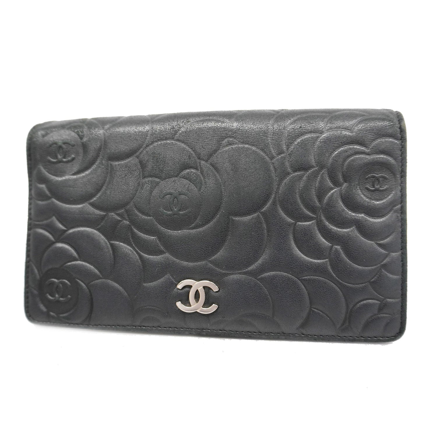 CHANEL  Camellia Bi-fold Long Wallet With Silver Metal Women's Lambskin