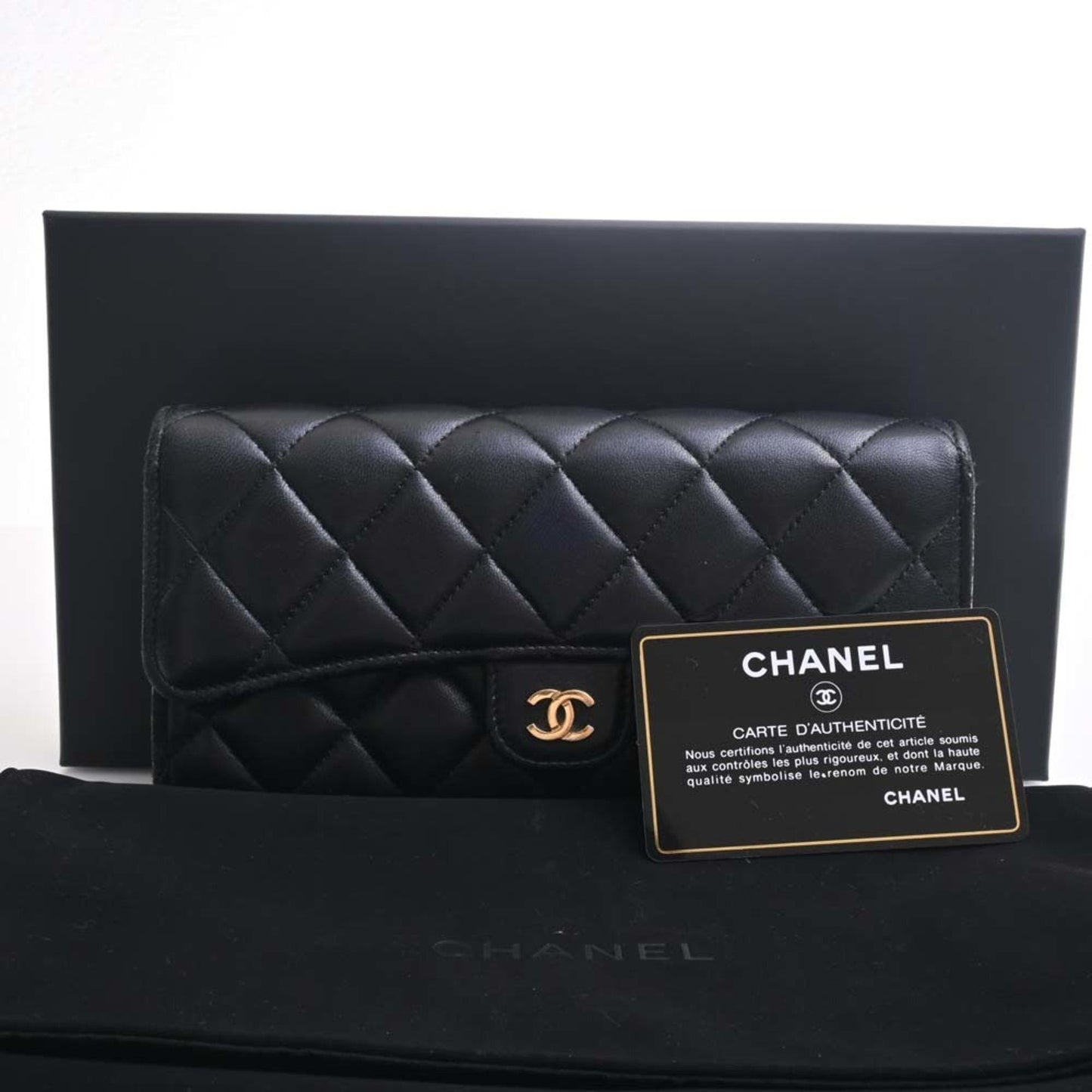 CHANEL Lambskin Matelasse Coco Mark Bifold Long Wallet Black Ladies