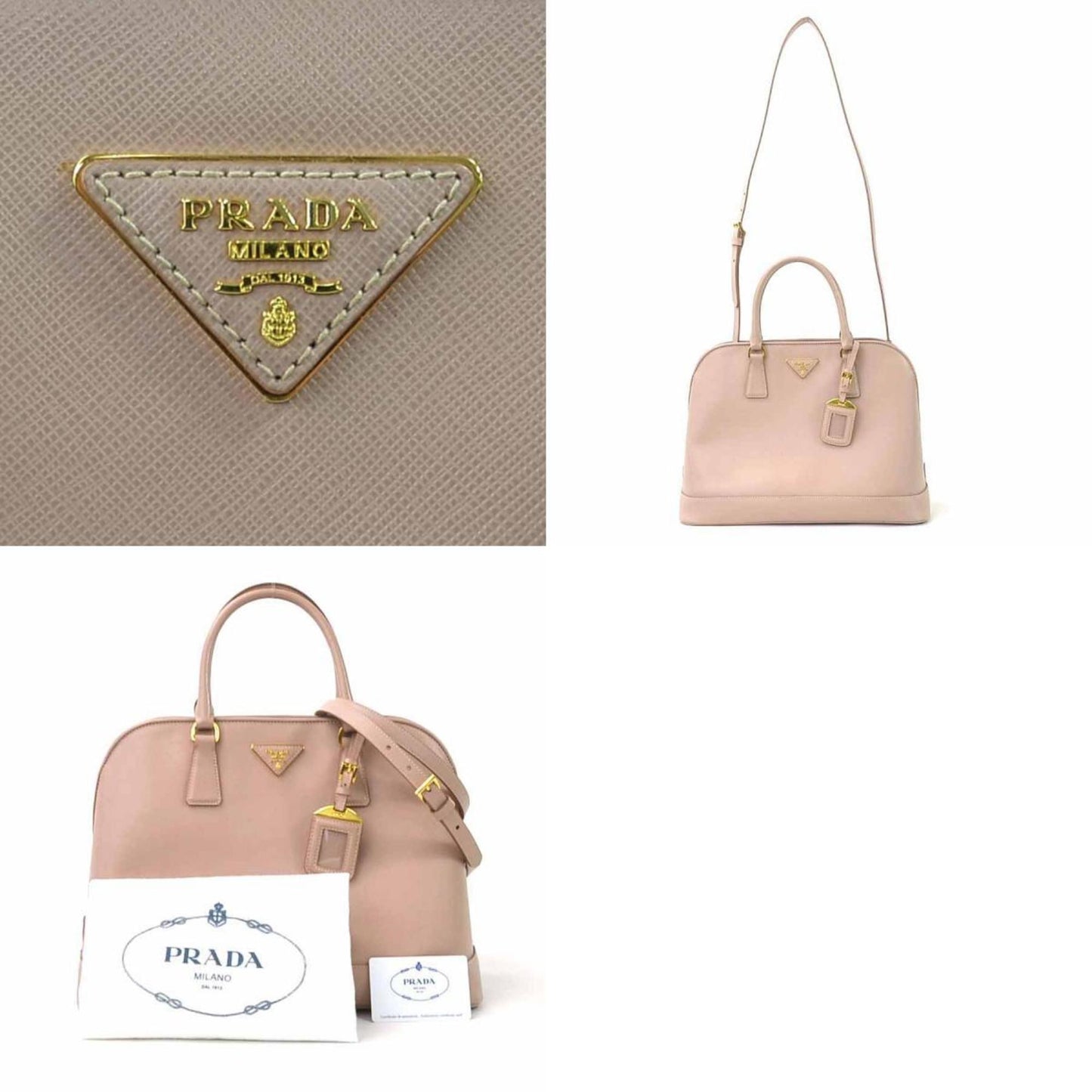 Prada handbag shoulder bag logo leather pink beige gold ladies