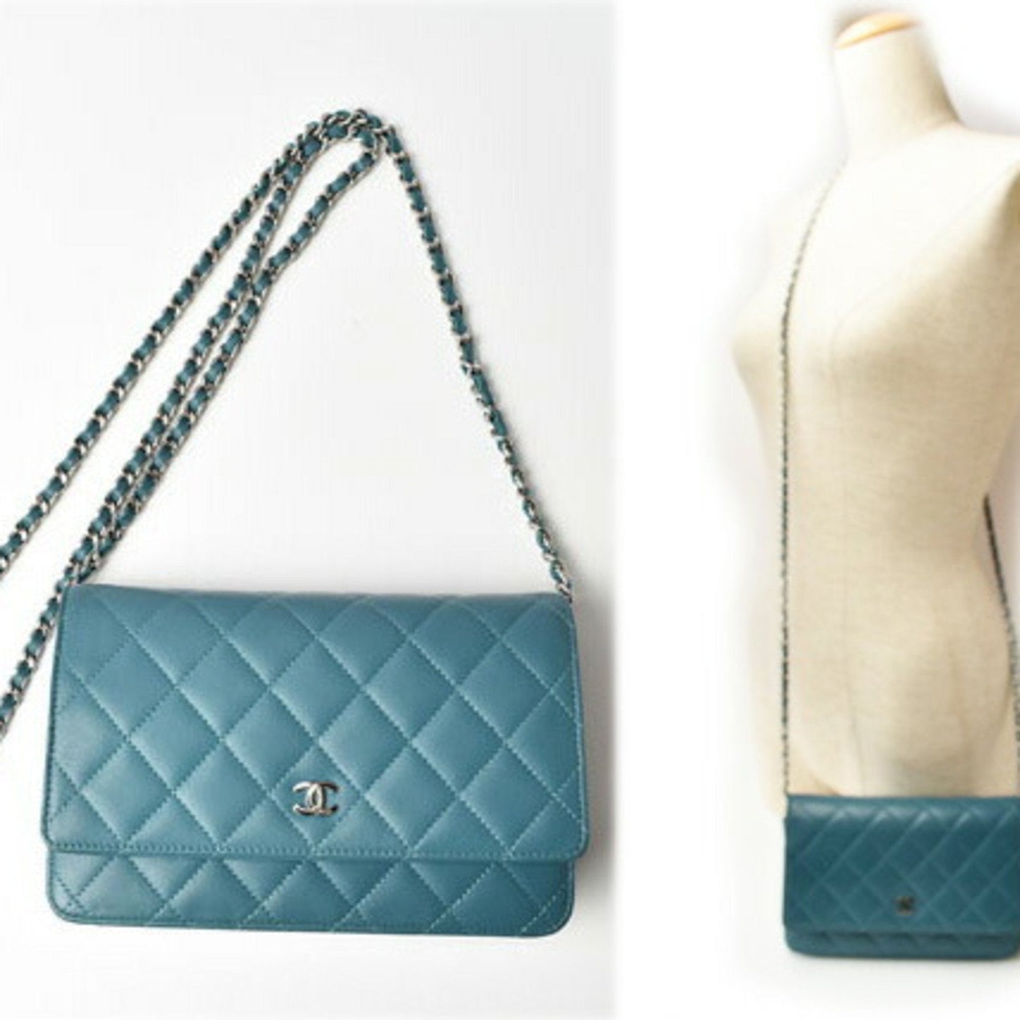 Chanel chain shoulder bag long wallet clutch CHANEL lambskin turquoise