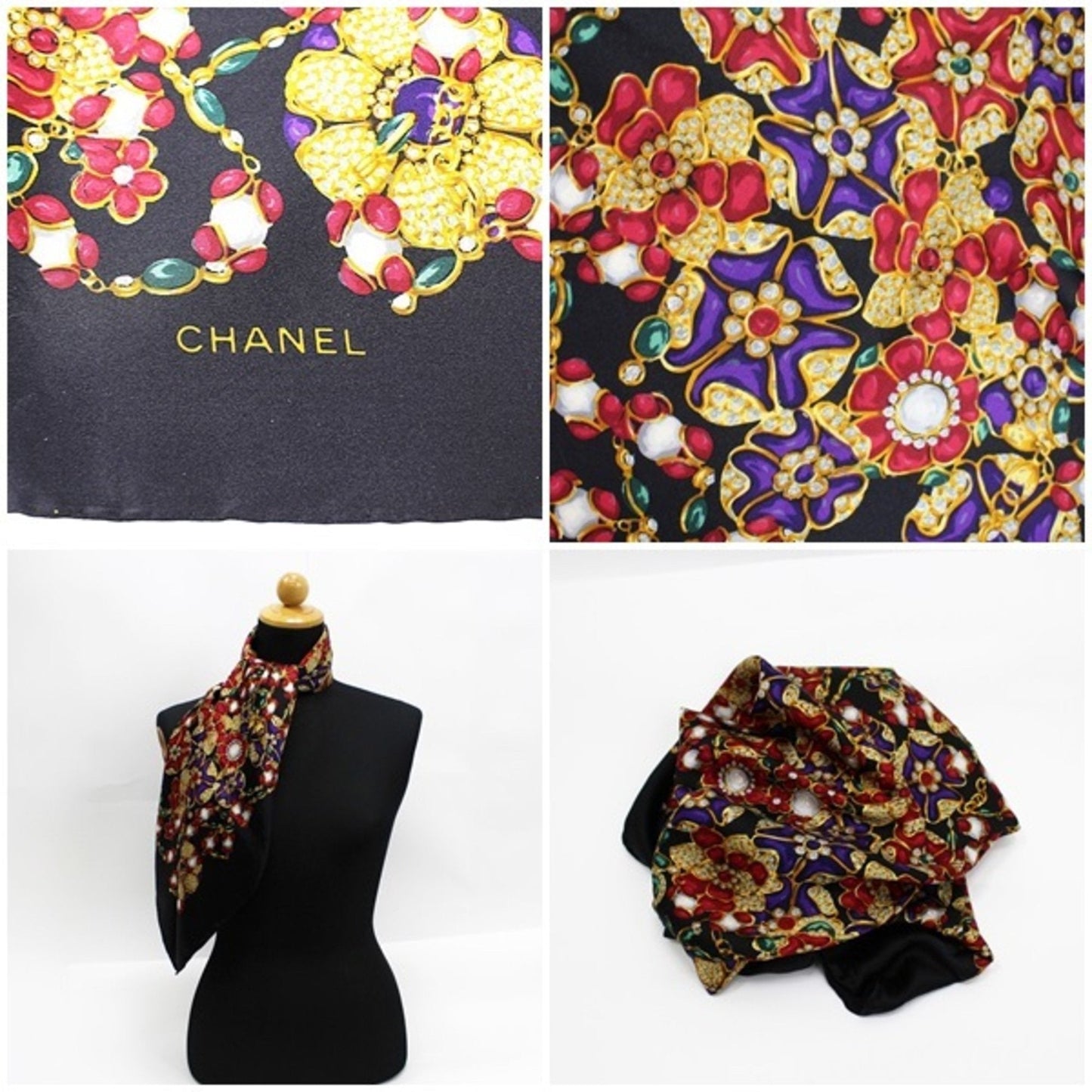 CHANEL Silk Scarf Muffler Black Pattern  | Ladies