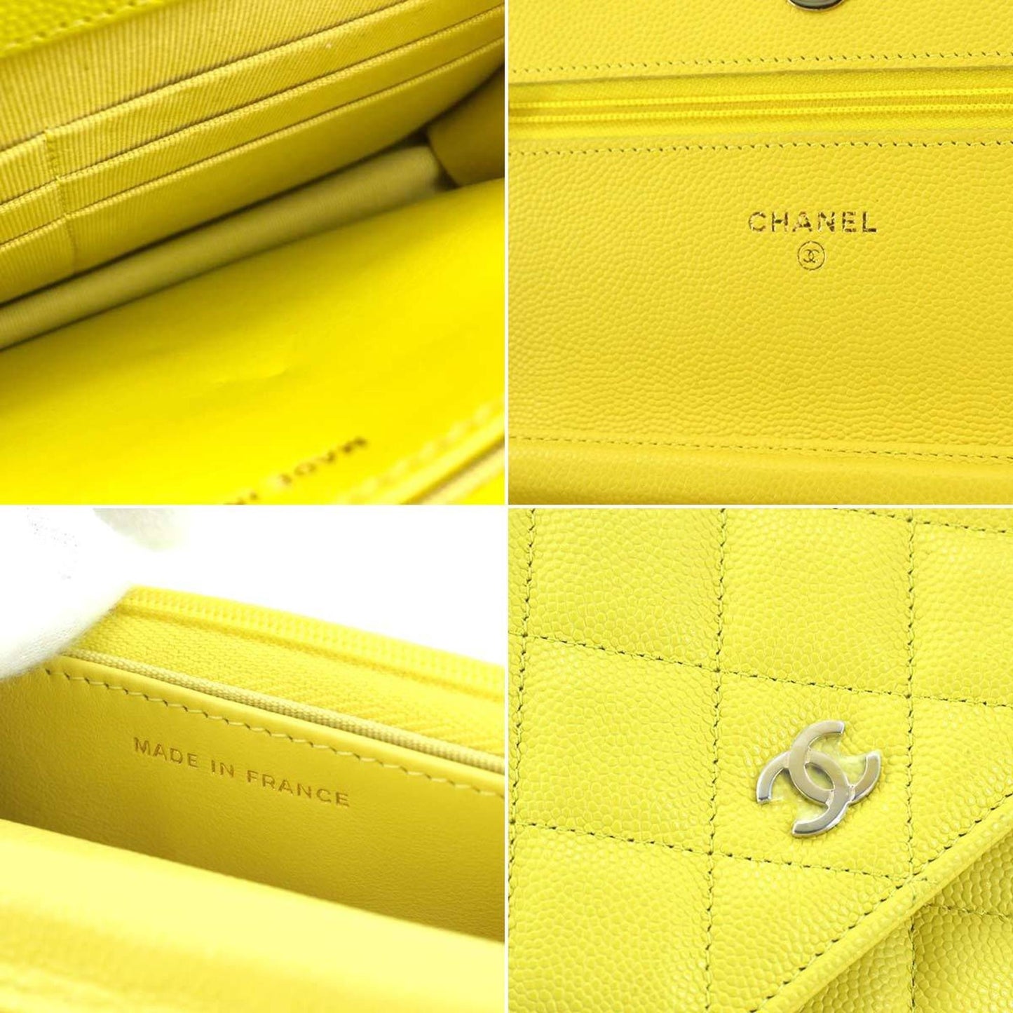 Chanel matelasse chain wallet long caviar skin yellow A33814 gold metal fittings