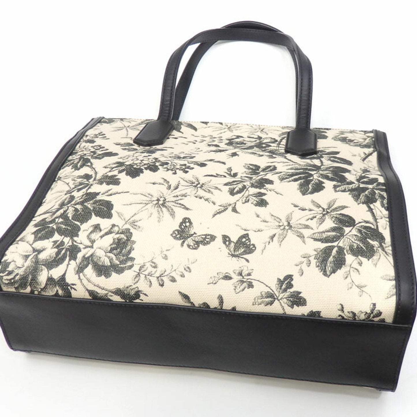 Gucci Herbarium Tote Bag Ladies Off-White Black Canvas Leather 432684 GG Ribbon Collection Day Limited Plant Butterfly