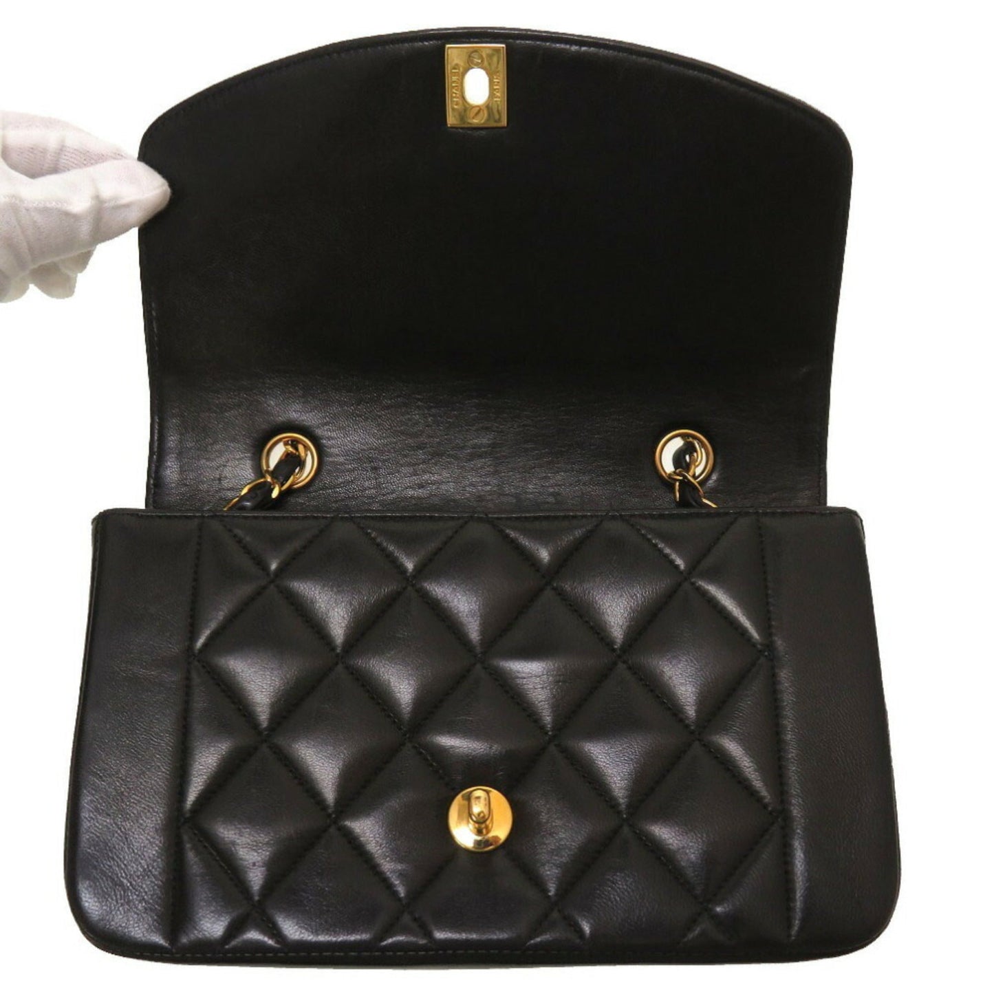 CHANEL Diana 22 Small Matelasse Lambskin Black Gold Chain Shoulder Bag No. 3 Coco Mark Turnlock