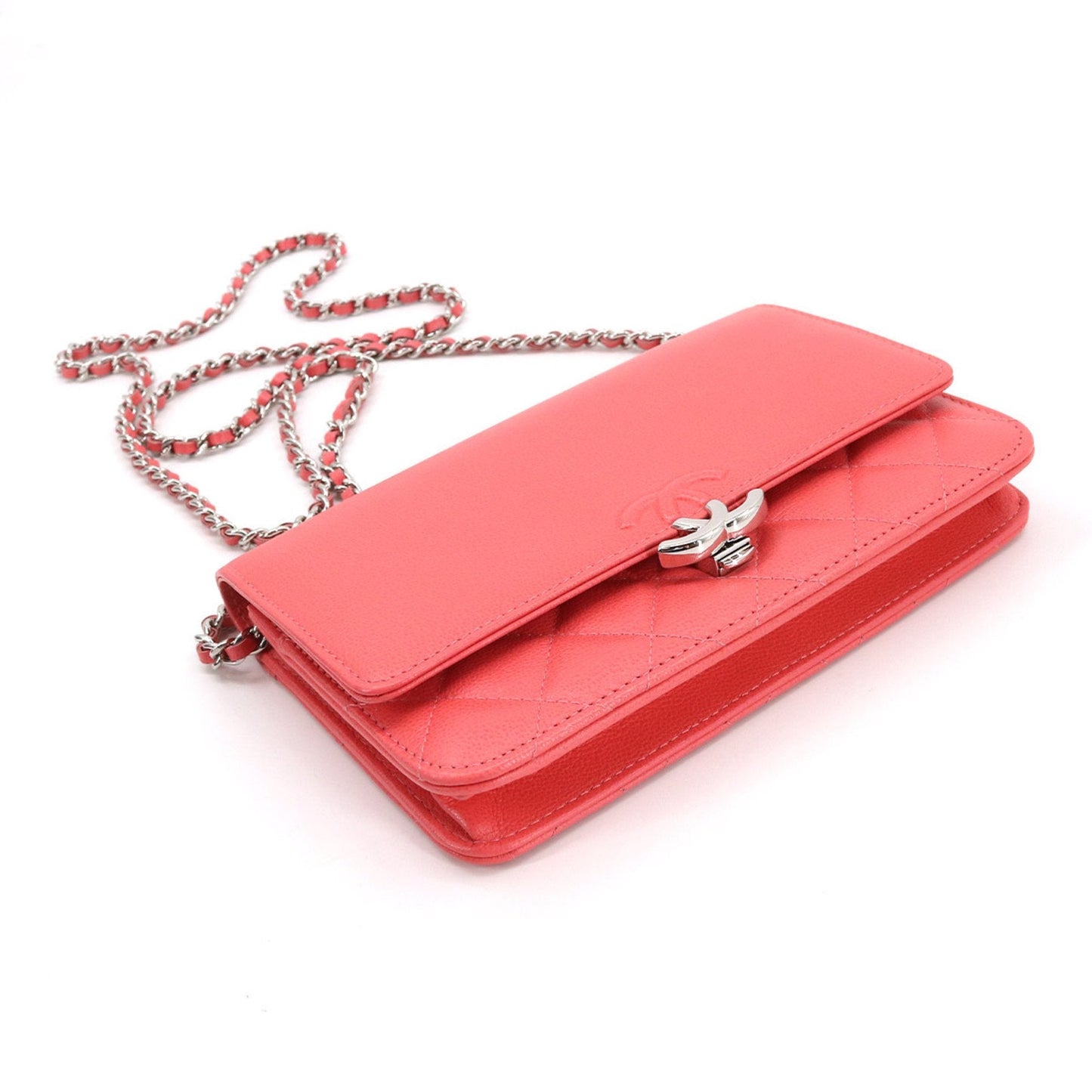 Chanel chain wallet folio long leather pink here mark silver metal fittings Chain Wallet