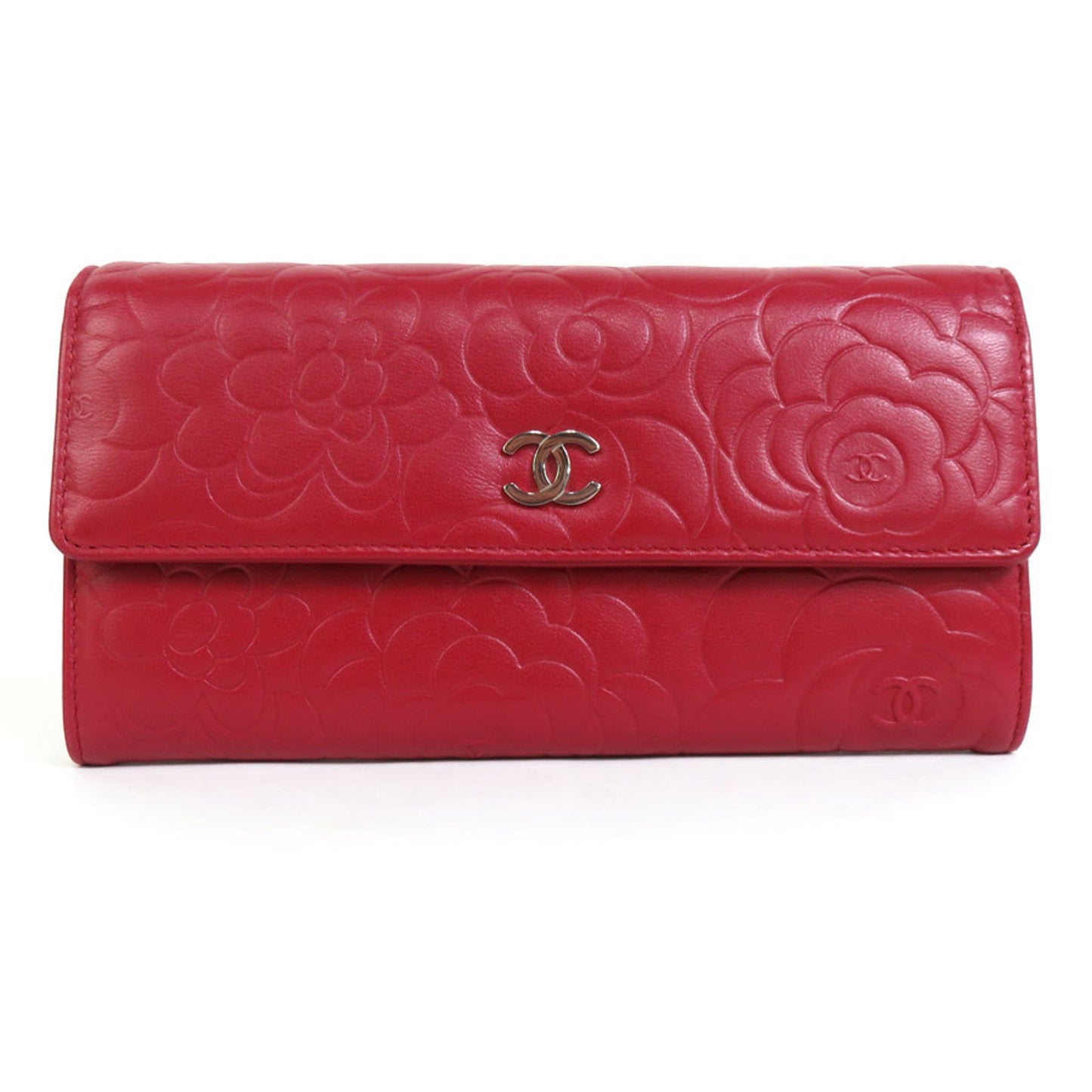 CHANEL Long Wallet Camellia Coco Mark Embossed Leather Dark Red Silver Women's