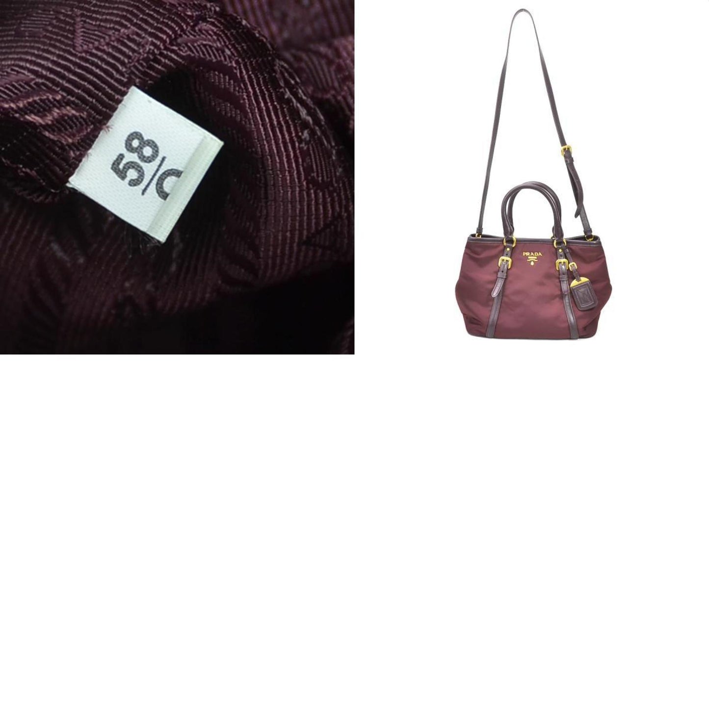 Prada handbag logo nylon/leather burgundy gold ladies