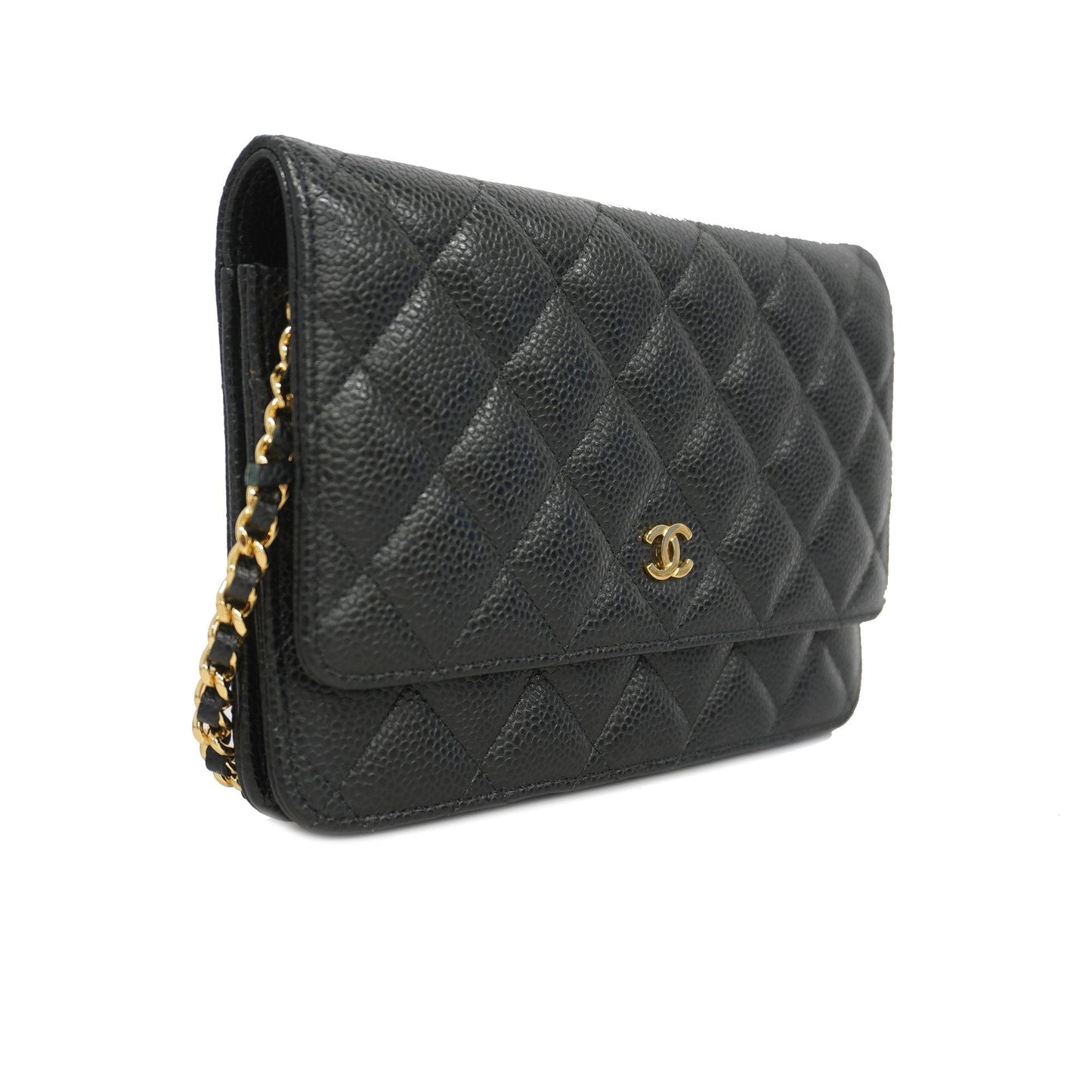 Chanel Shoulder Wallet Matelasse Single Chain Caviar Skin Black Gold metal