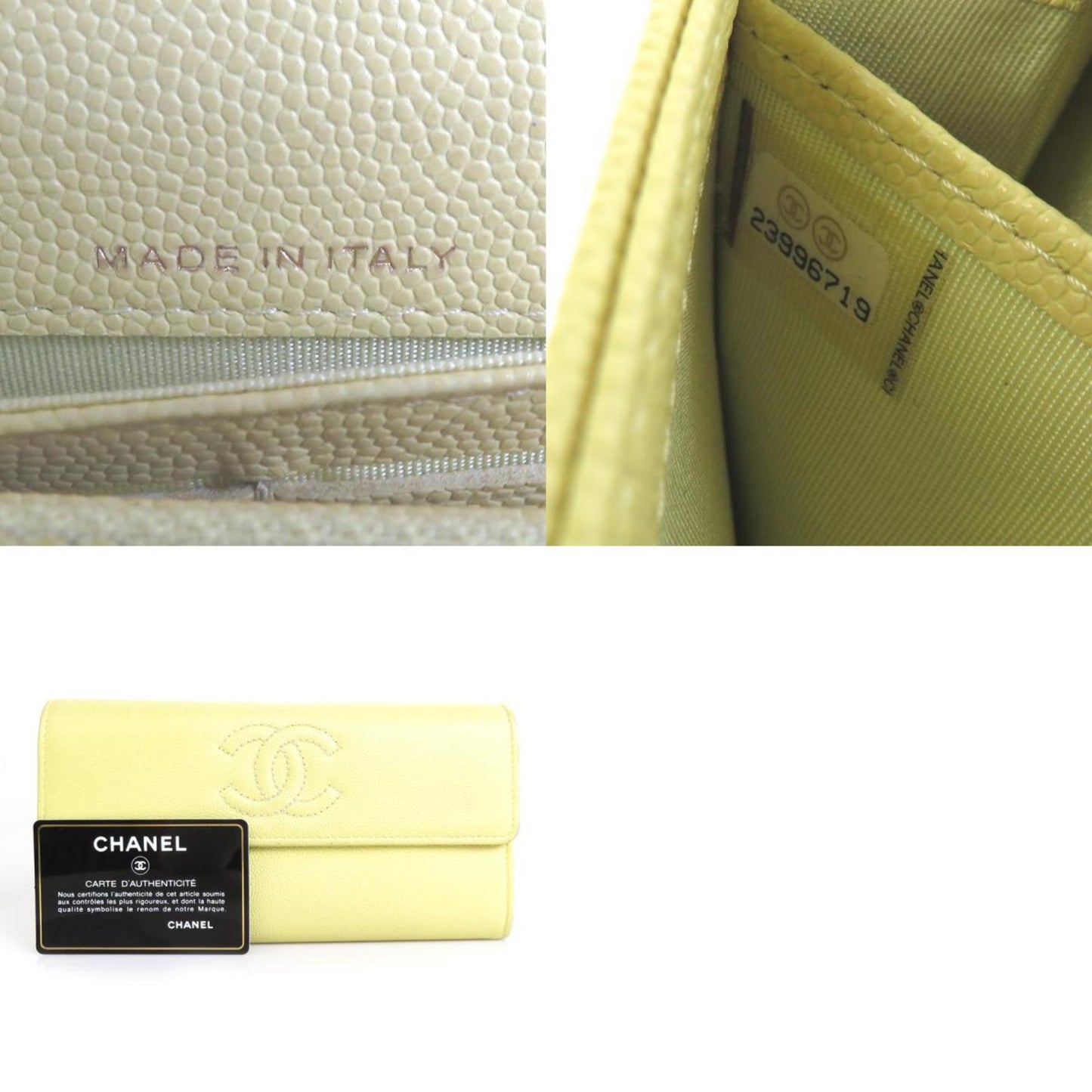 CHANEL Long Wallet Coco Mark Caviar Skin Leather Light Yellow Women's r9578a