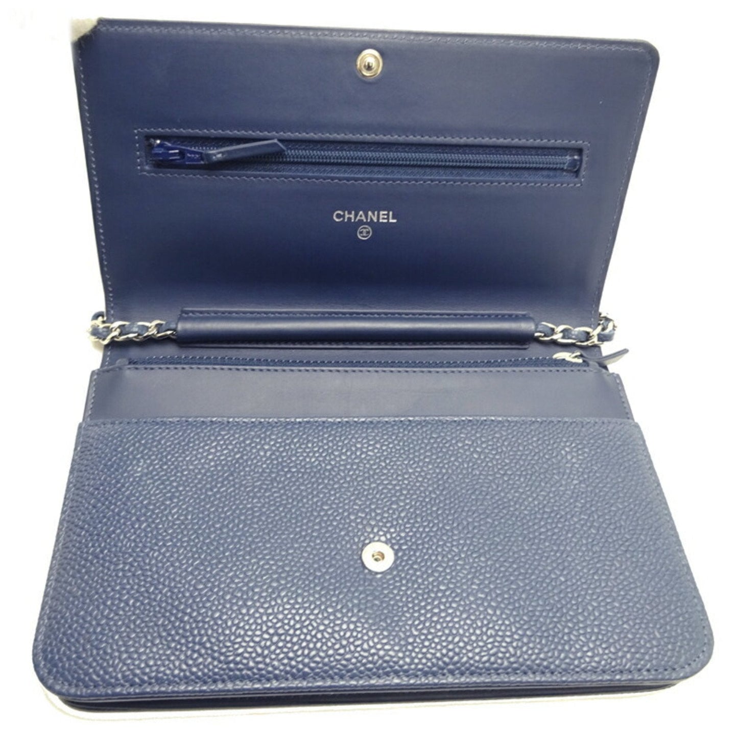 Chanel chain ladies long wallet caviar skin blue