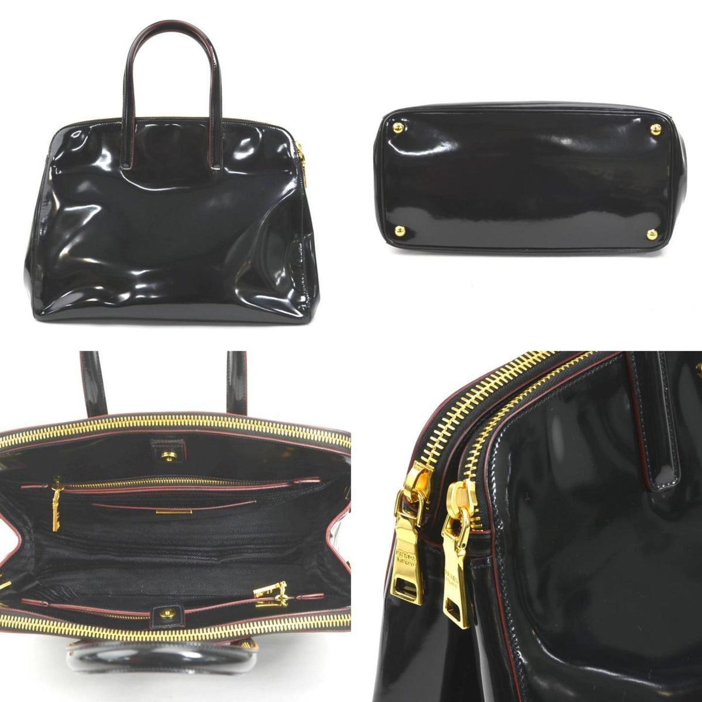 PRADA Handbag Shoulder Bag Patent Leather Black x Red Unisex BN2565