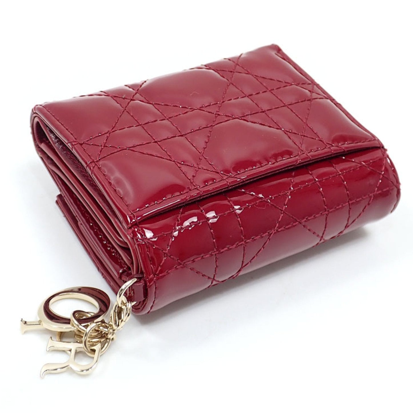 CHRISTIAN DIOR Tri-fold Wallet Cannage LADY DIOR Lotus Women's Cherry Red Patent Calf Leather S0181OVRB_M323