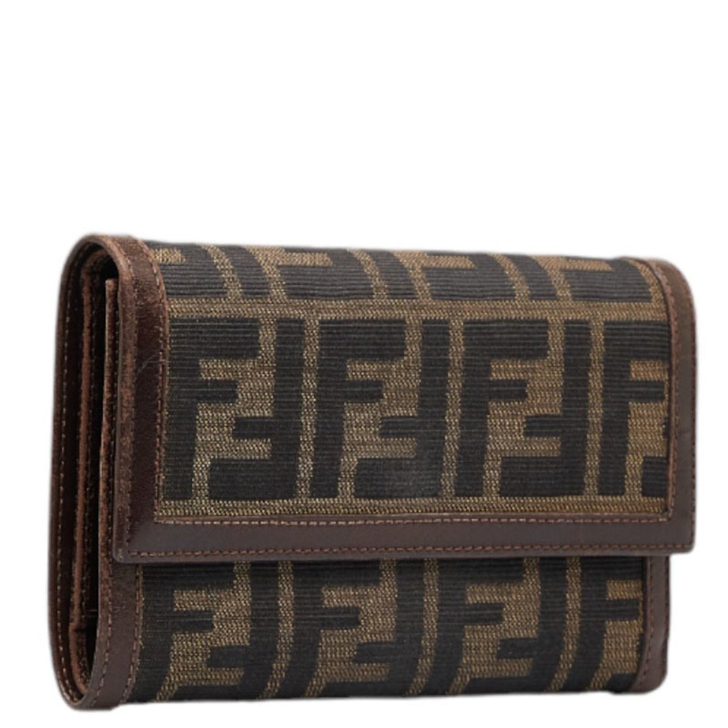 FENDI Zucca Trifold Wallet 30858 Brown Black Canvas Leather Women's