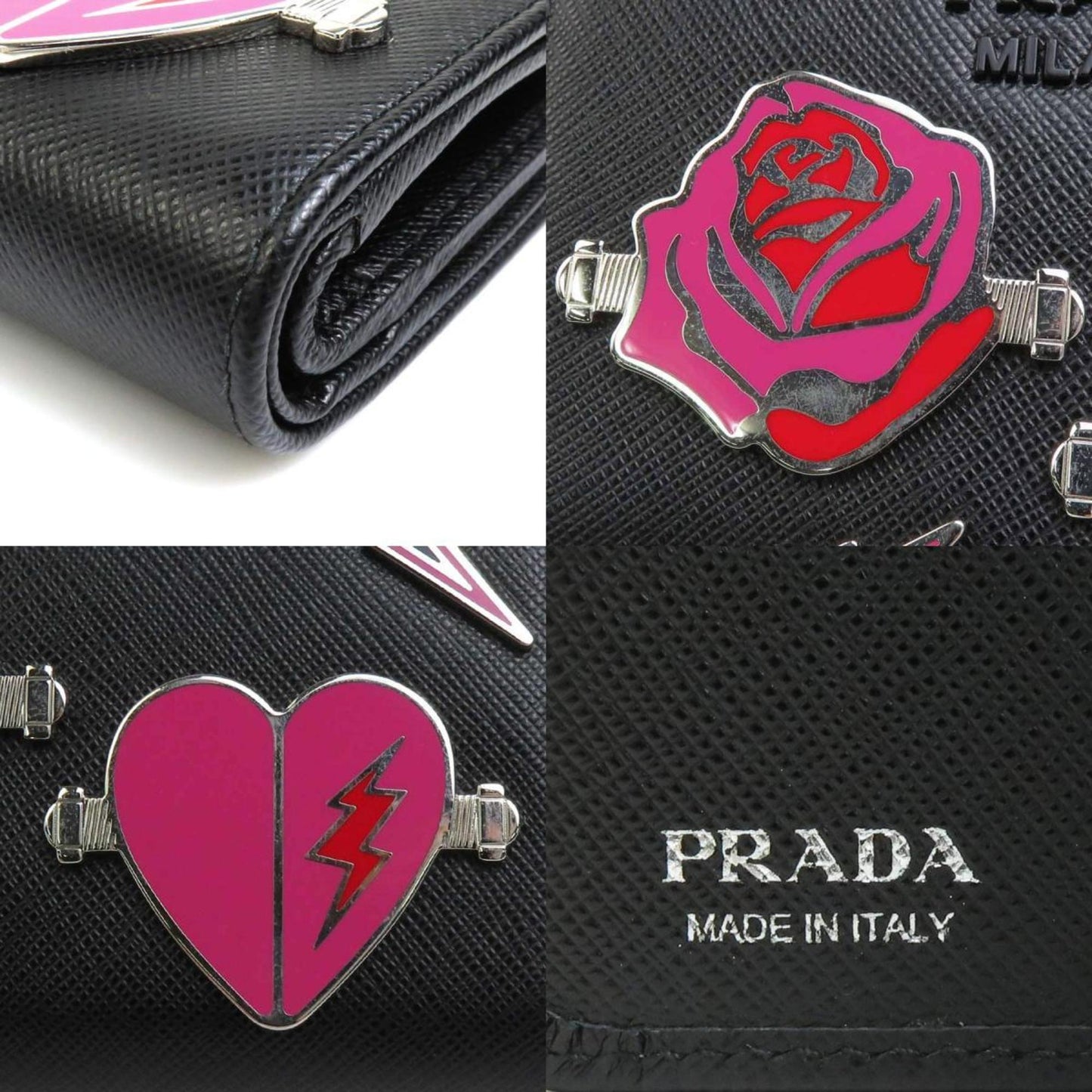 PRADA bi-fold wallet leather/metal black ladies 1ML018