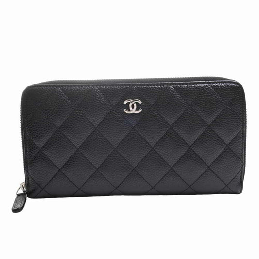 Chanel caviar skin matelasse here mark round long wallet black