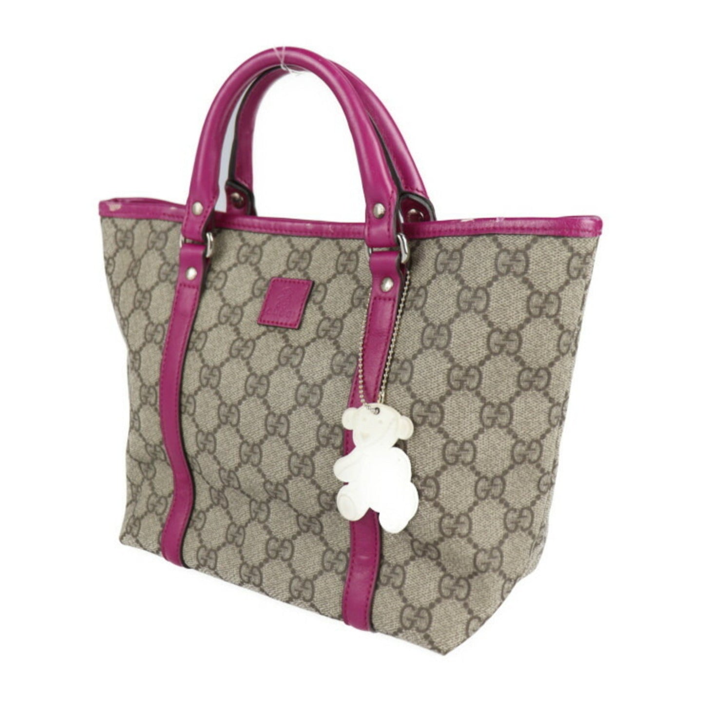 Gucci Handbag 297557 GG Supreme Canvas Leather Beige Ebony Purple Series Mini Tote Bag Bear Charm