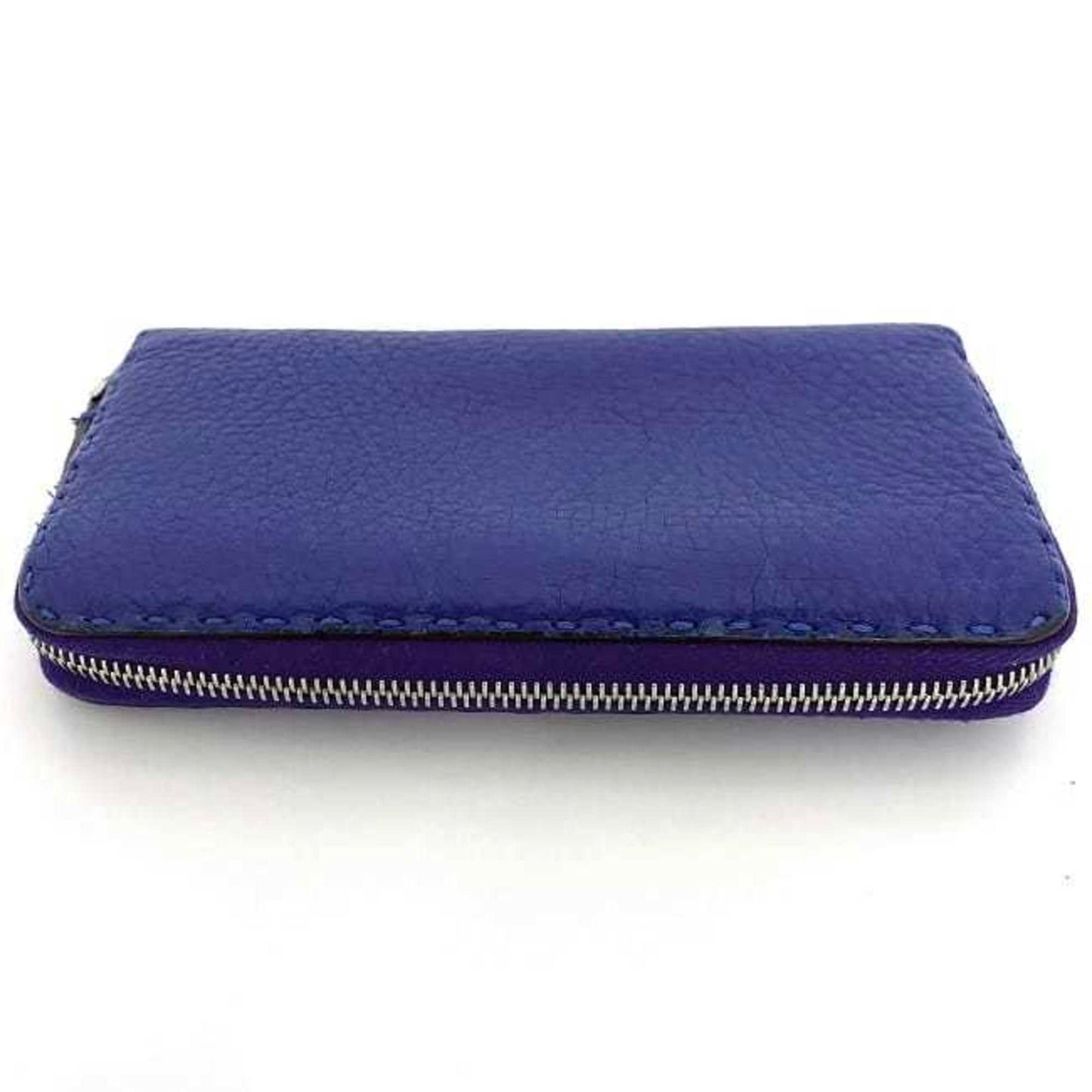 FENDI Round Long Wallet Blue Selleria Leather