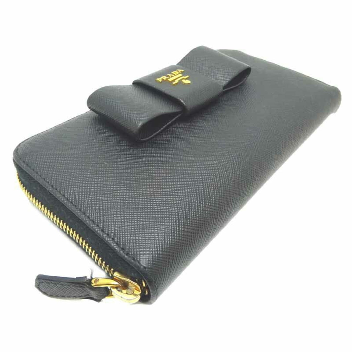 PRADA Ribbon Round Zipper Wallet Ladies' Long 1ML506 Saffiano Leather NERO Nero Black