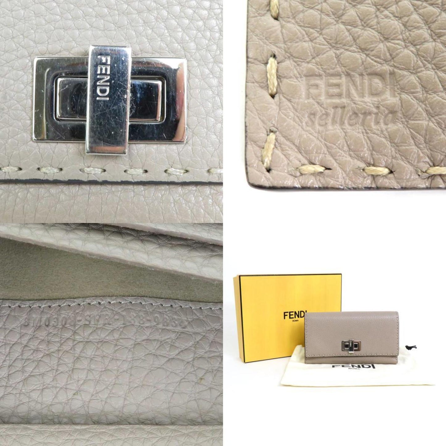 FENDI Bifold Long Wallet Selleria Leather Greige Silver Women's