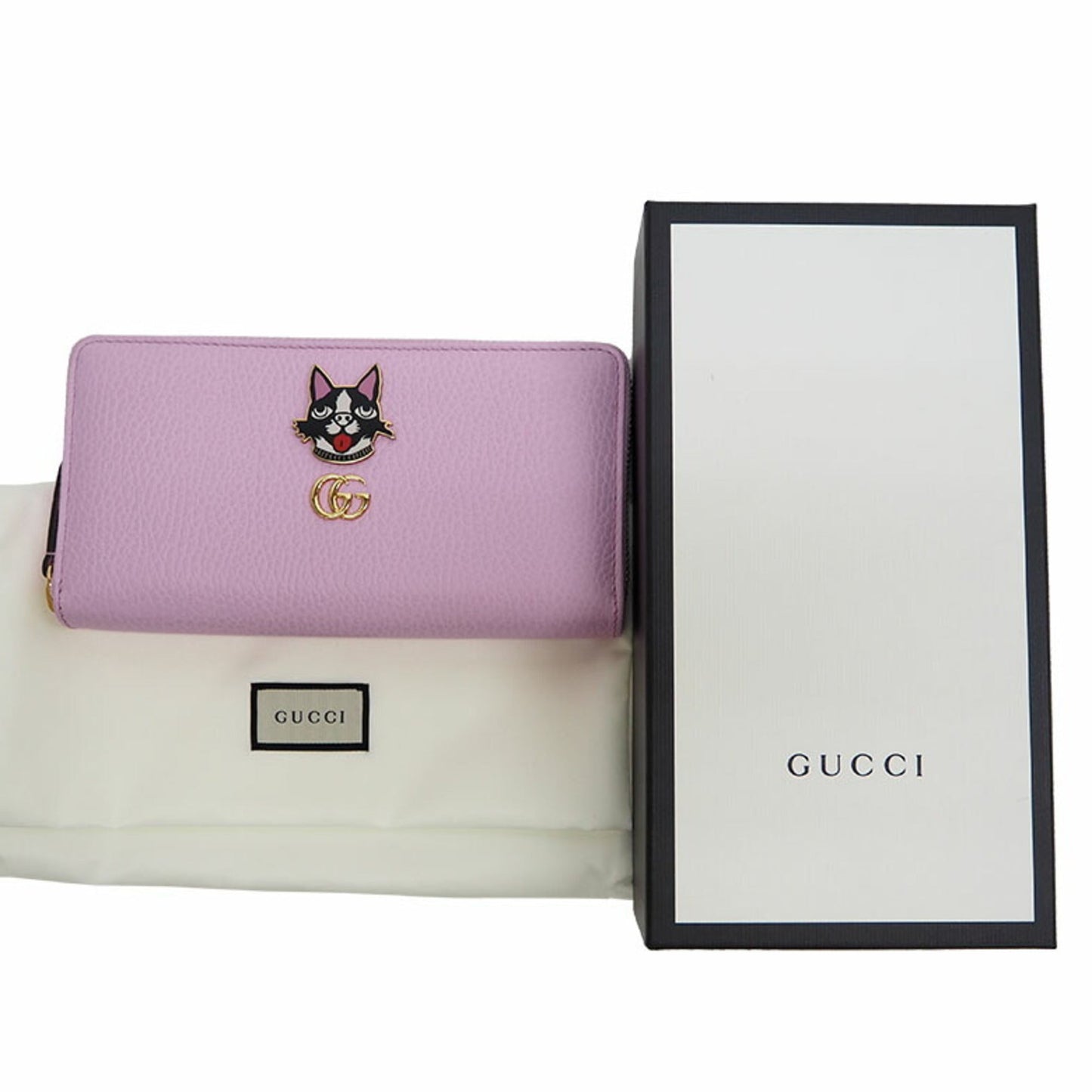 Gucci 499337 GG Marmont Bosco Zip Around Wallet Round Purse Light Pink Dog Boston Terrier