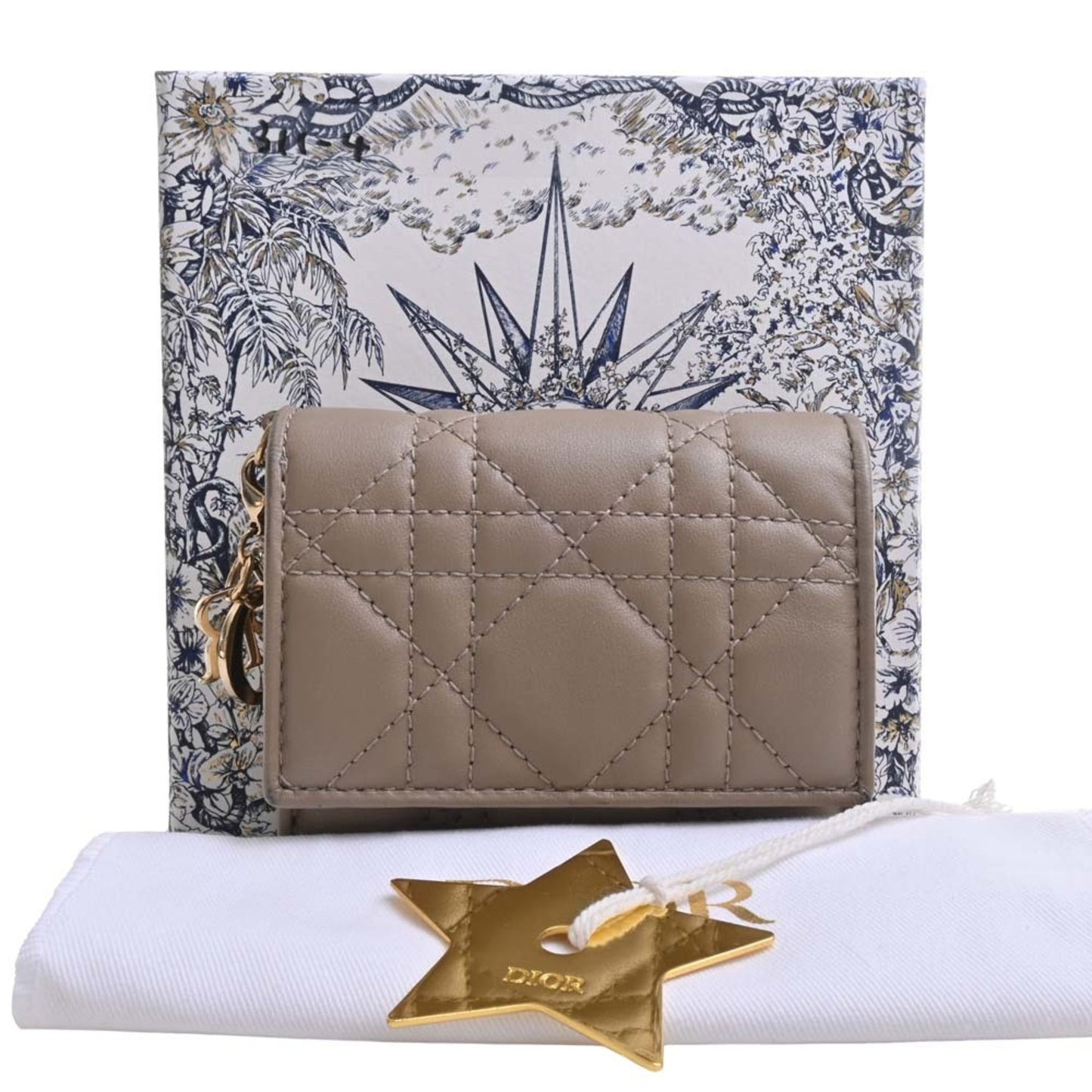 CHRISTIAN DIOR Lady Cannage Leather Lotus Trifold Wallet Beige Ladies