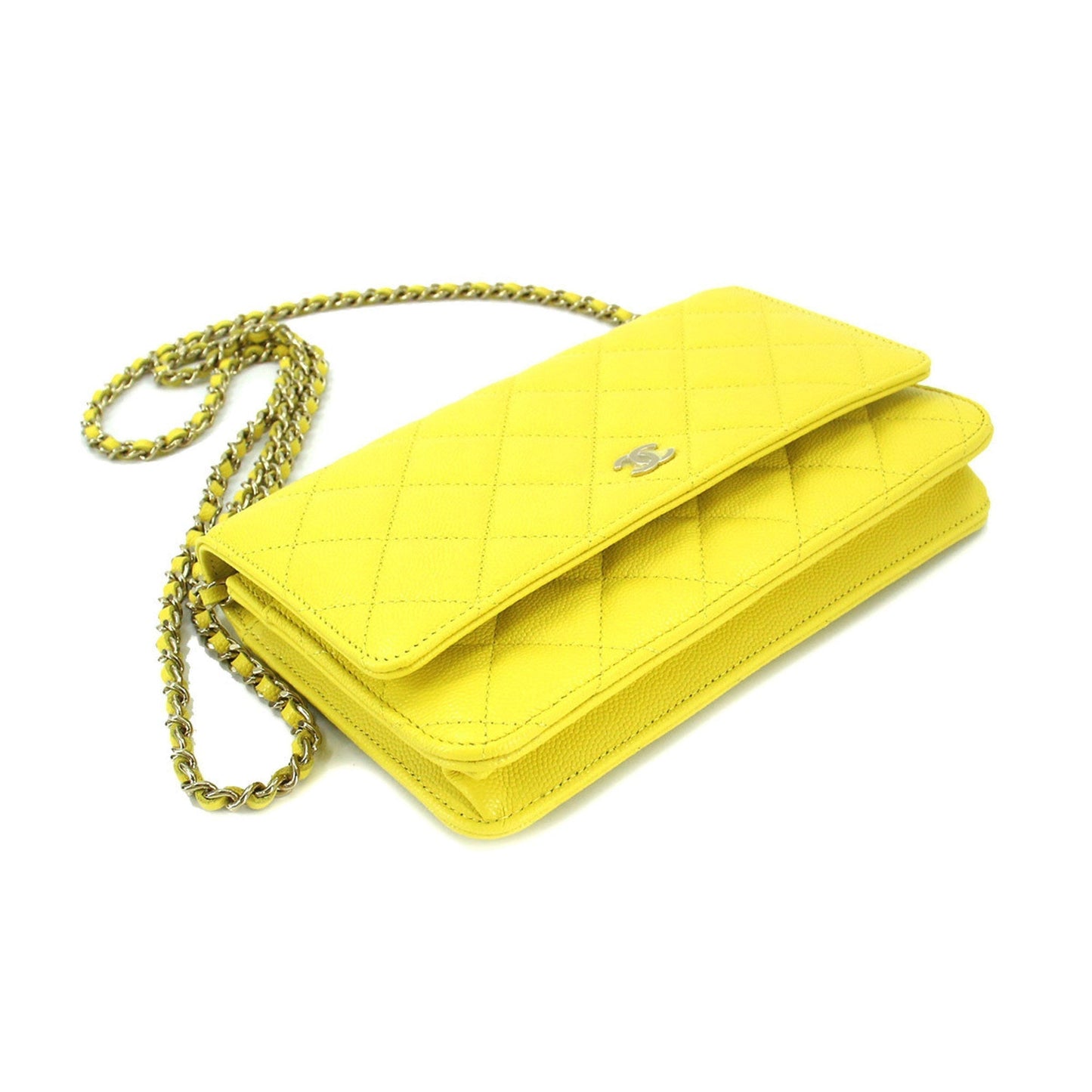 Chanel matelasse chain wallet long caviar skin yellow A33814 gold metal fittings