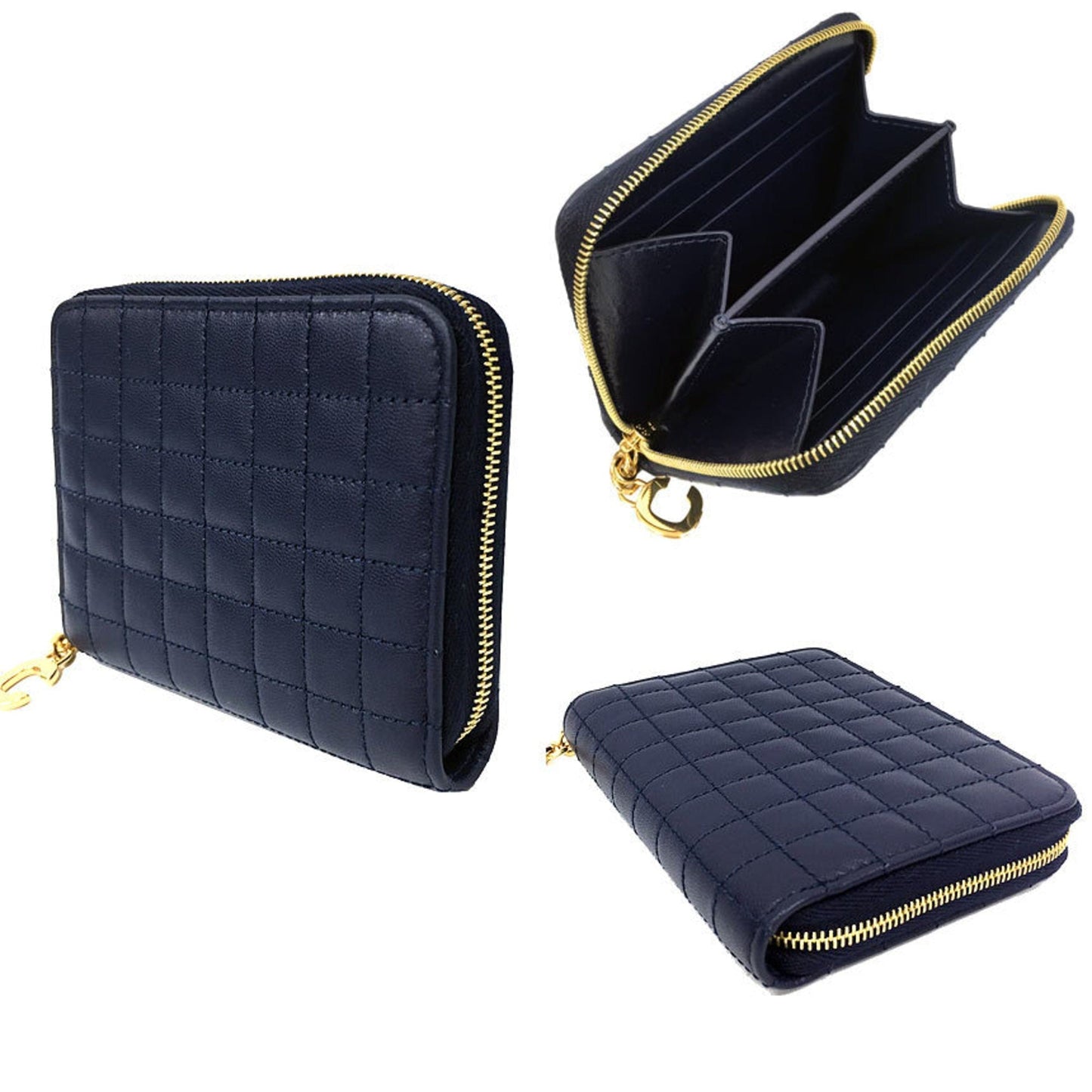 Celine folding wallet 10B663BFL COMPACT ZIPPED WALLET C CHARM coin case quilted navy