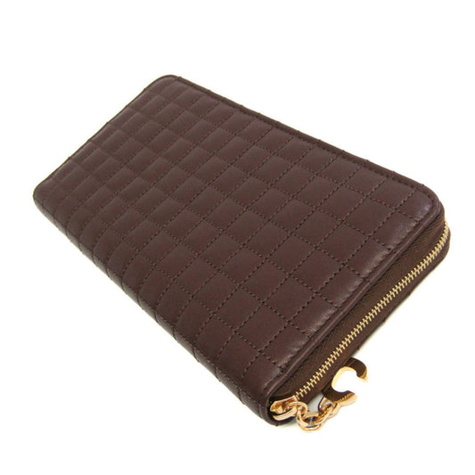 Celine Round Fastener Quilting With C Charm 10B553BFL Women's Leather Long Wallet [bi-fold] Dark Brown