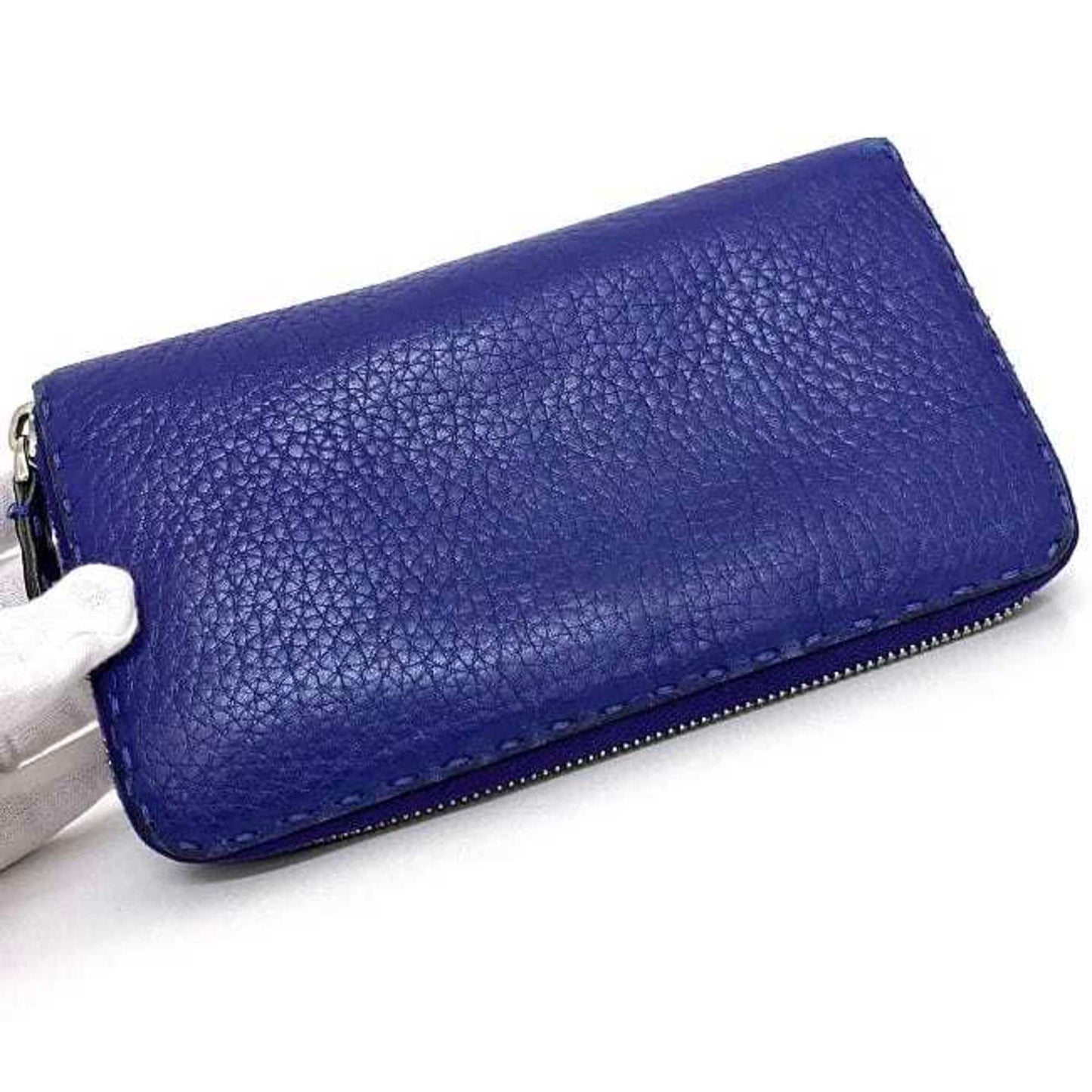 FENDI Round Long Wallet Blue Selleria Leather