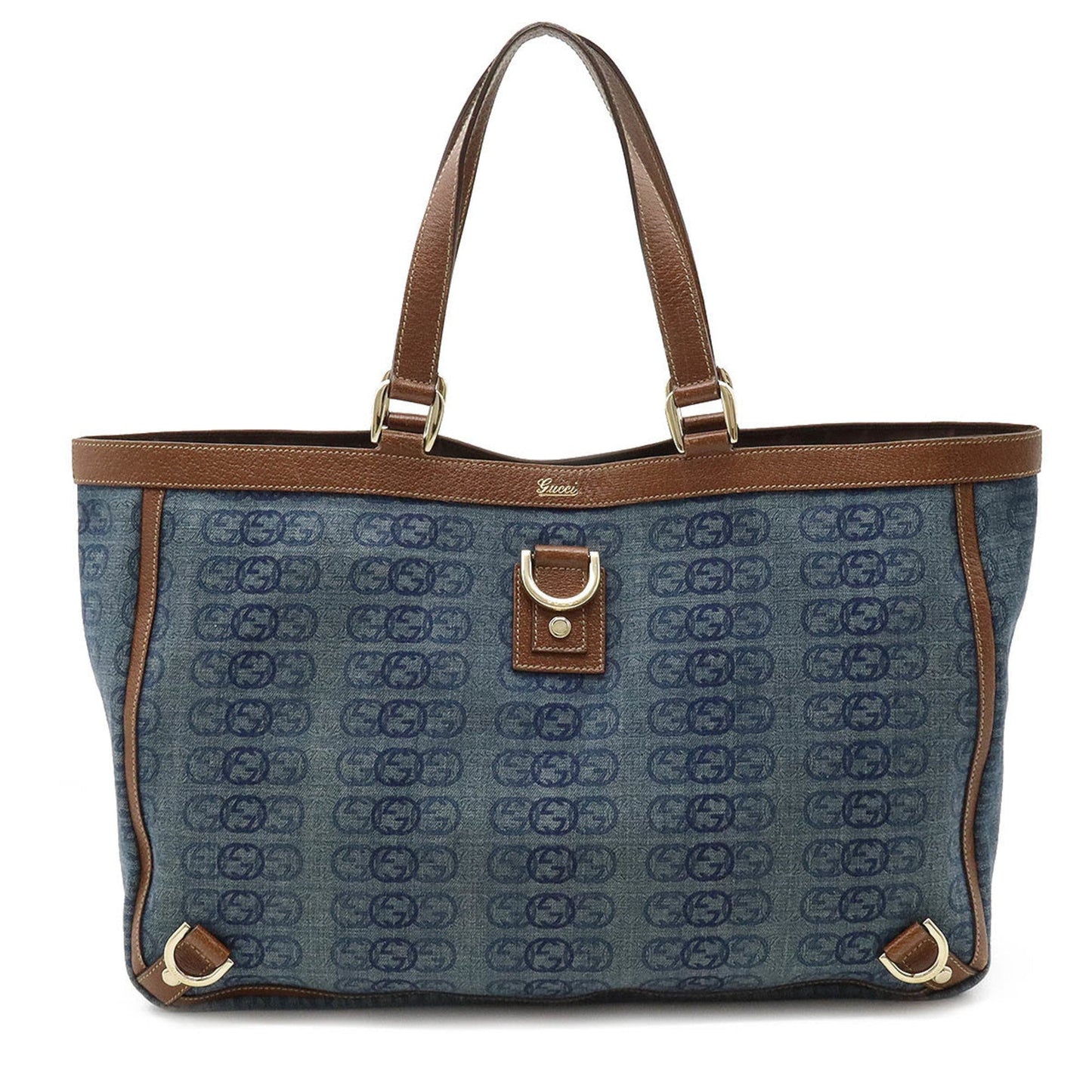 GUCCI Interlocking G GG Pattern Tote Bag Shoulder Leather Blue Brown 141472