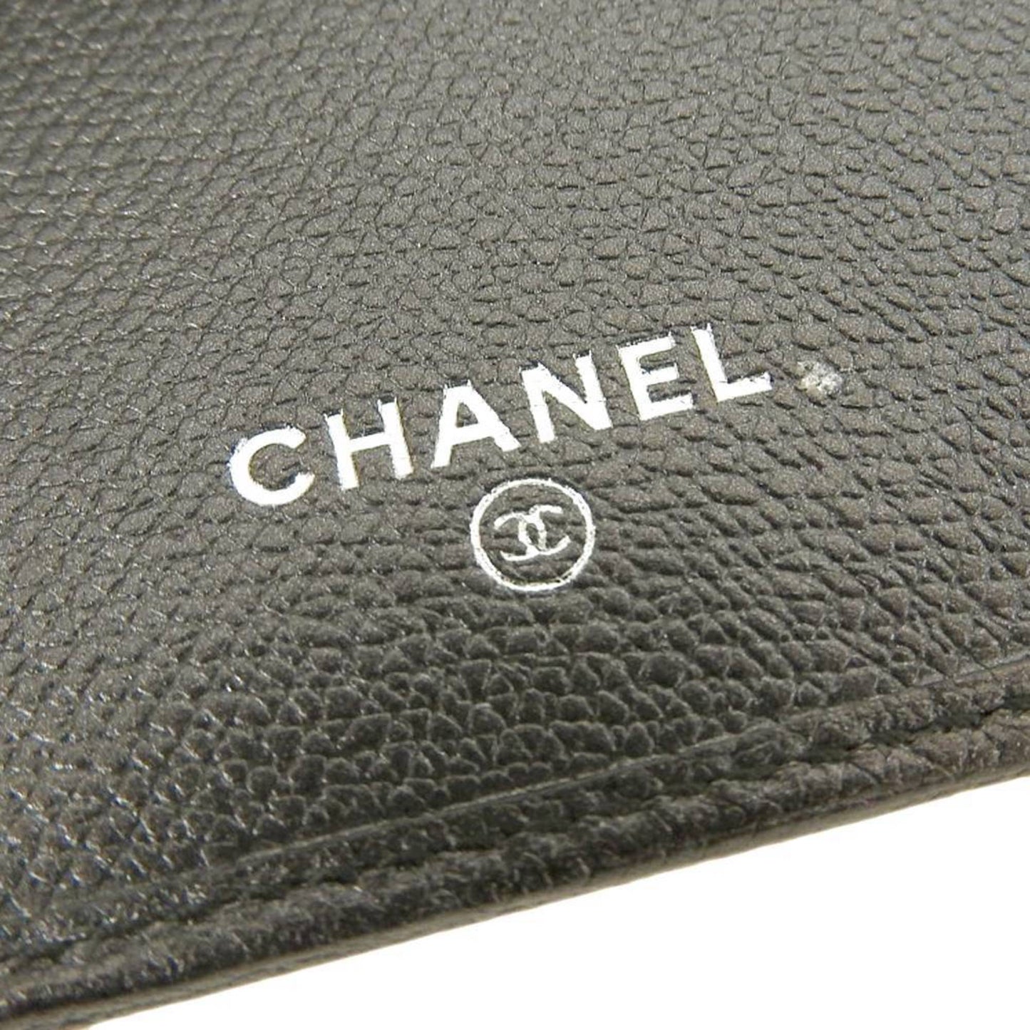 CHANEL here mark logo button tri-fold wallet leather black with seal 10 series