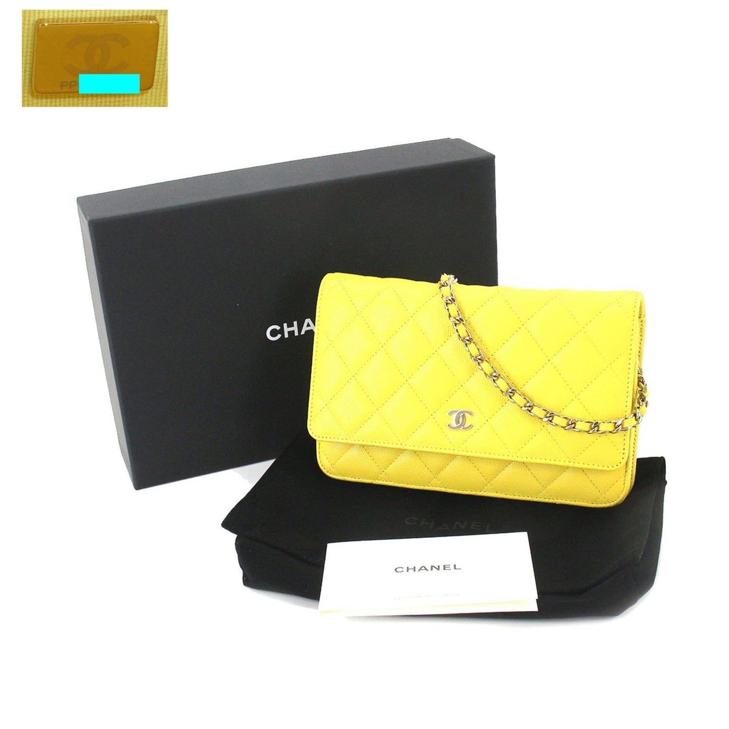 Chanel matelasse chain wallet long caviar skin yellow A33814 gold metal fittings