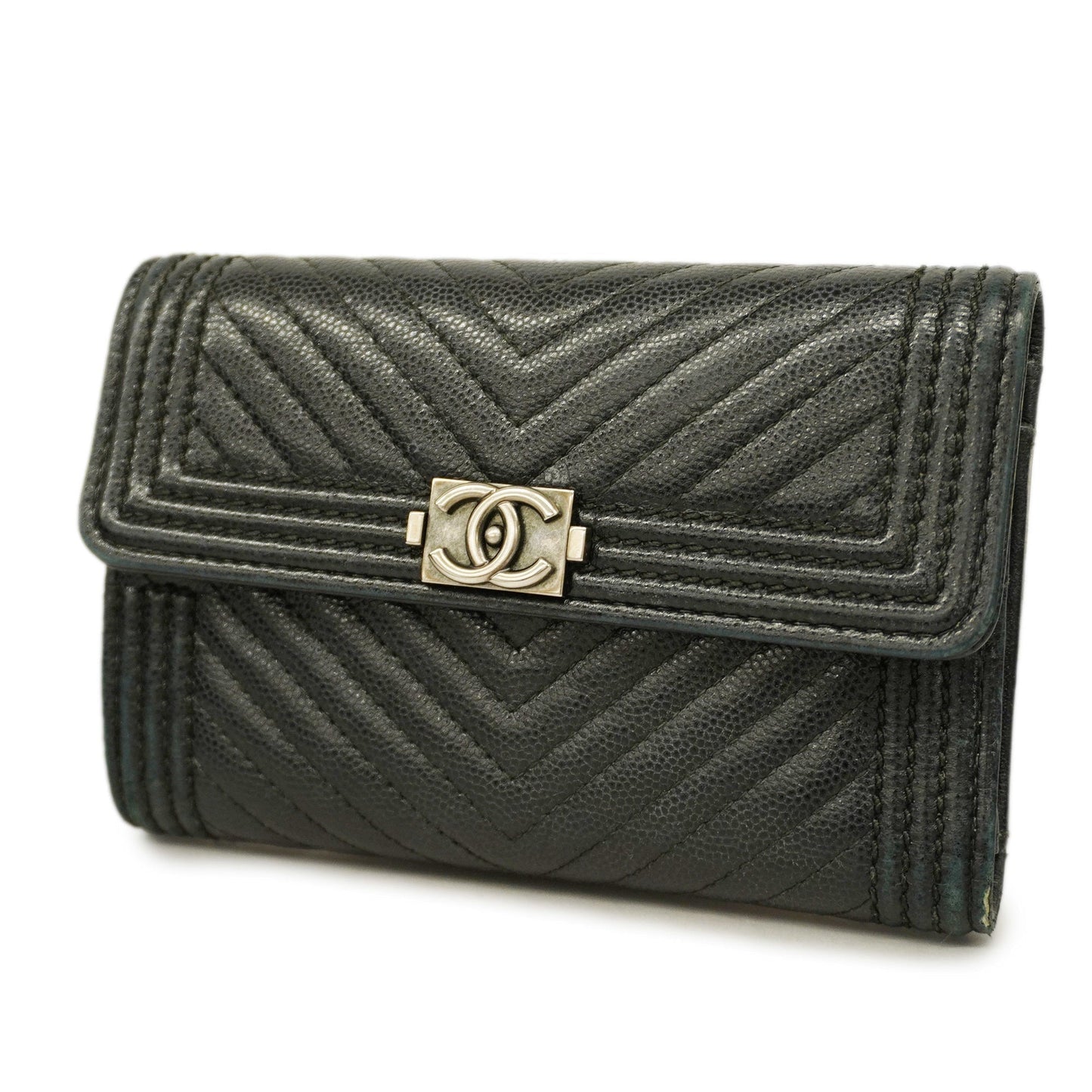 CHANEL  Boy  Tri-fold Wallet Silver Metal Fittings Women's Caviar