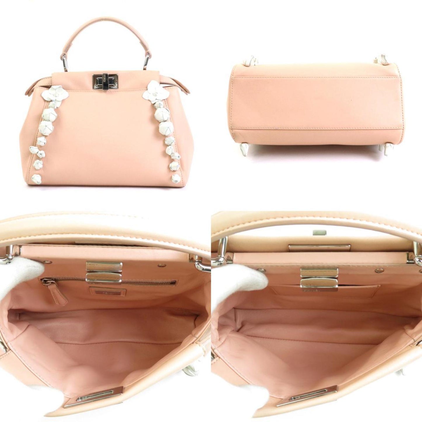 FENDI Handbag Crossbody Shoulder Bag Mini Peekaboo Leather Pink Beige/White Silver Women's