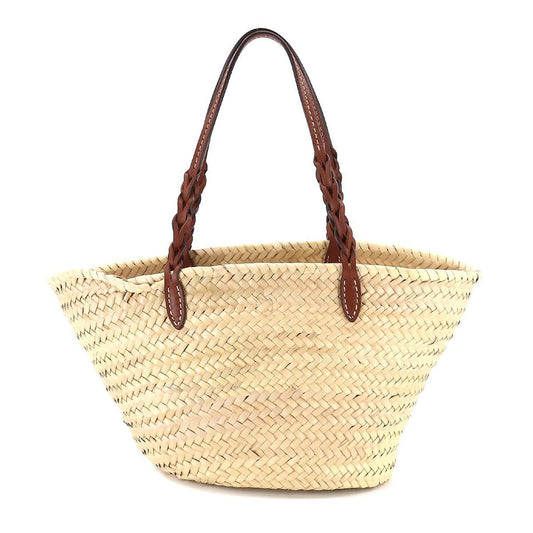 PRADA tote bag wicker leather natural cognac 1BG314 silver metal fittings woven palm Tote Bag