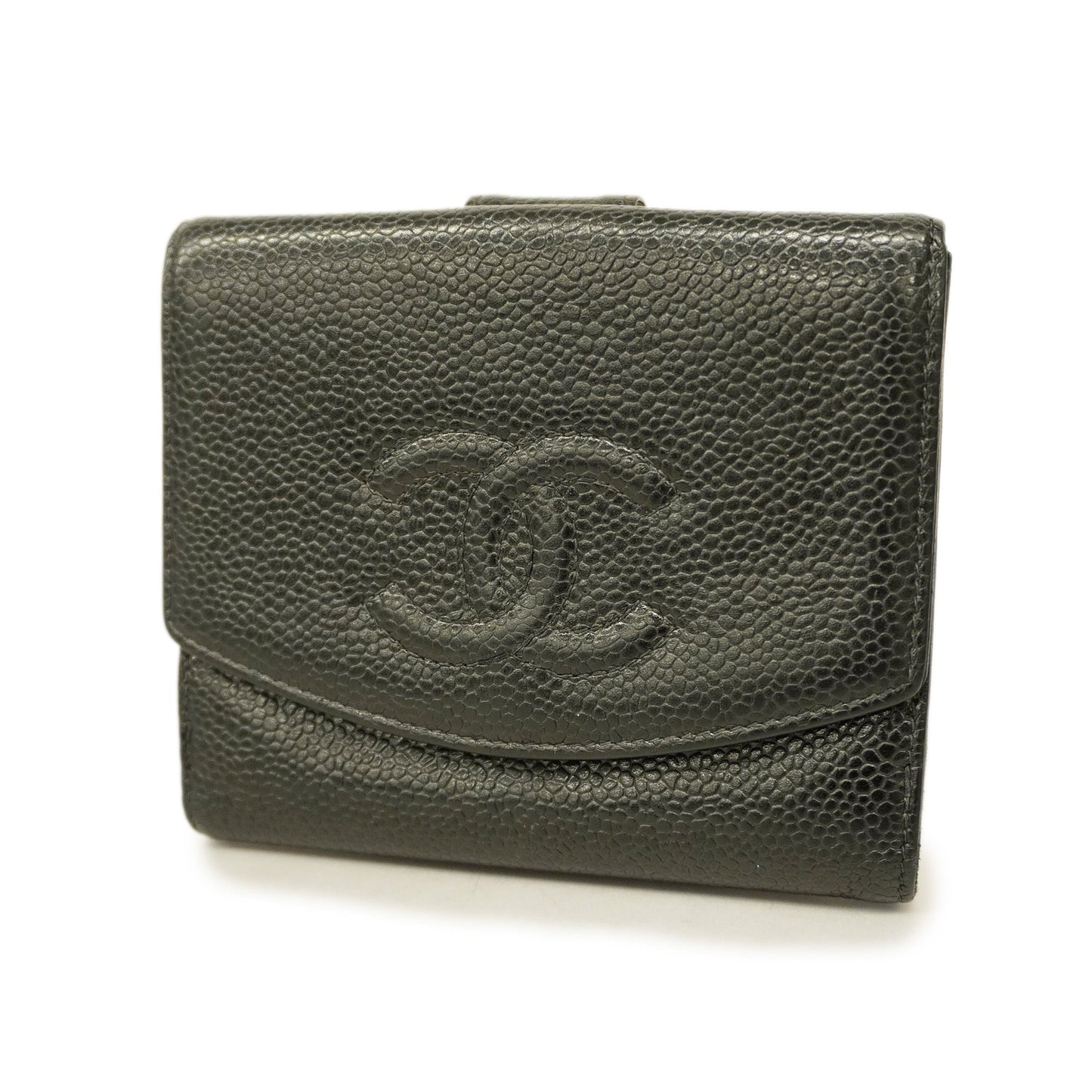 CHANEL[3cc2369] Auth  wallet caviar skin black gold metal