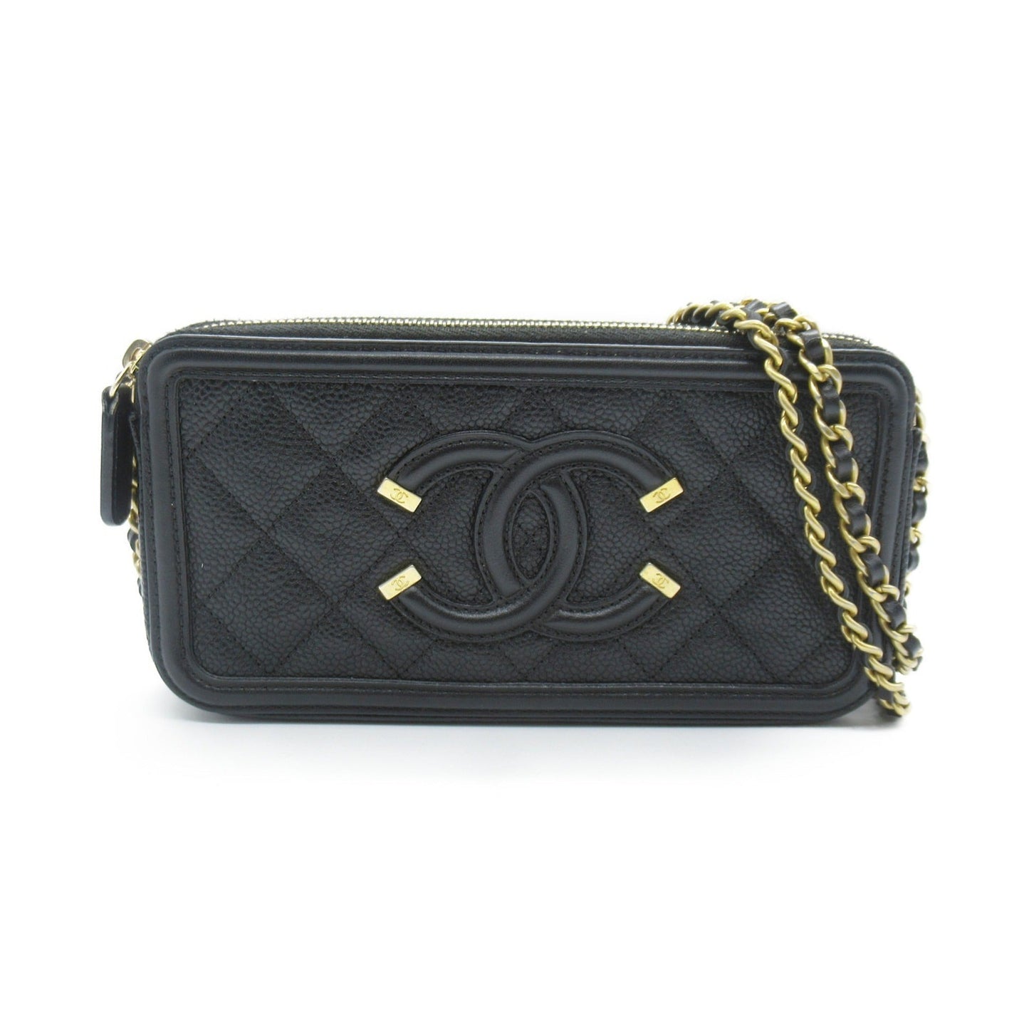 CHANEL CC Filigree Chain Wallet Black Caviar Skin [Grained Calf] A84450