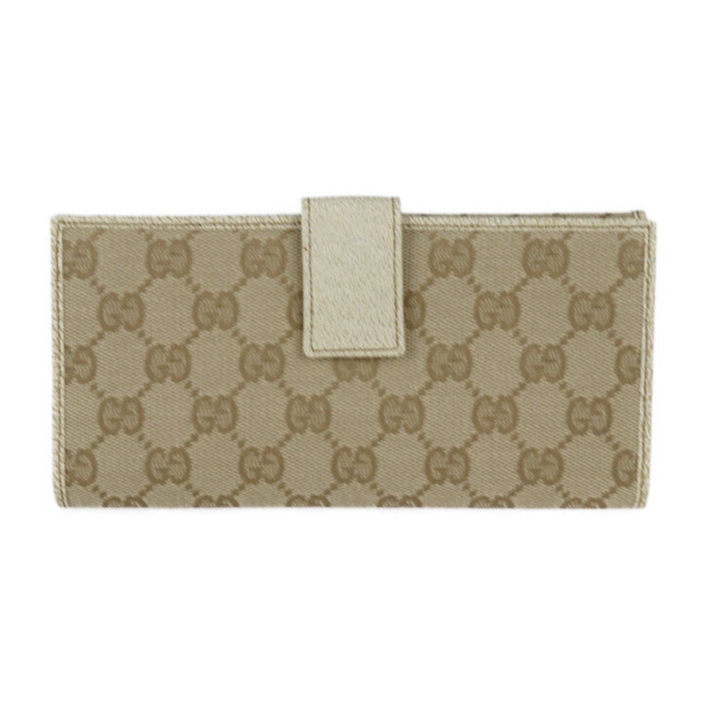 Gucci Bifold Wallet 112715 GG Canvas Leather Gold Beige Ivory Bronze Hardware W Hook Long Logo Plate