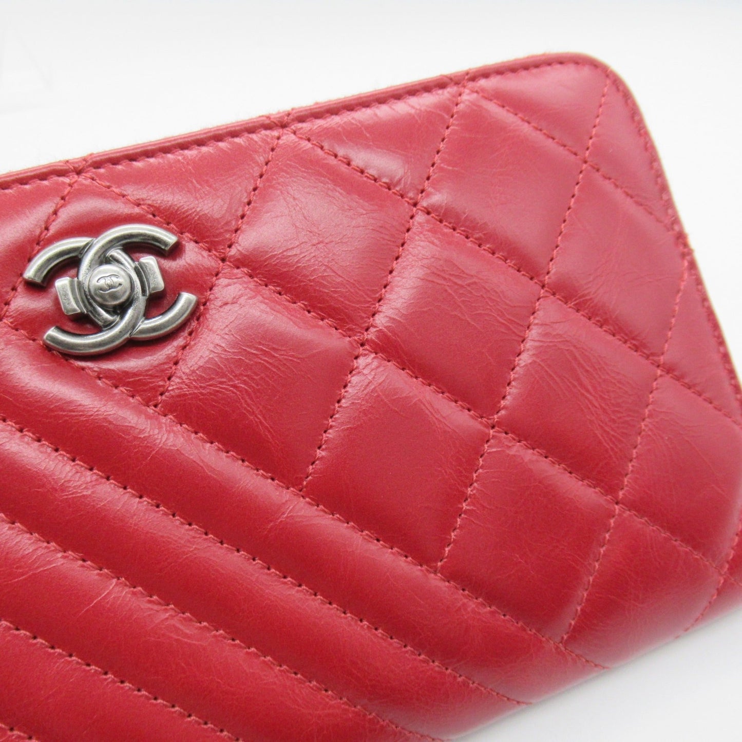 CHANEL Cocoboy cross stitch round long wallet Red leather