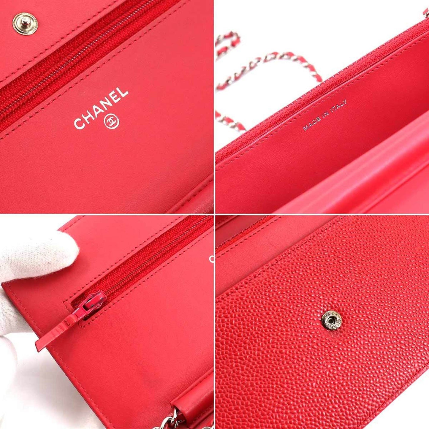 Chanel caviar skin chain wallet folio long leather red A48654 silver metal fittings Chain Wallet