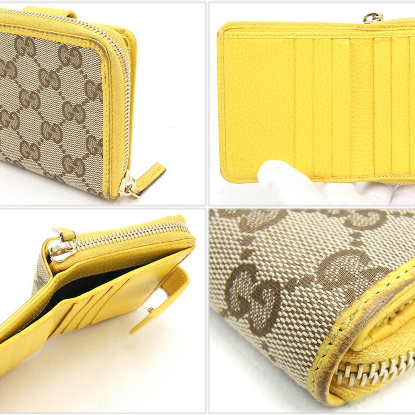 GUCCI Bifold Round Wallet GG Small Zip 346056 Beige Yellow Canvas Leather Ladies Double G