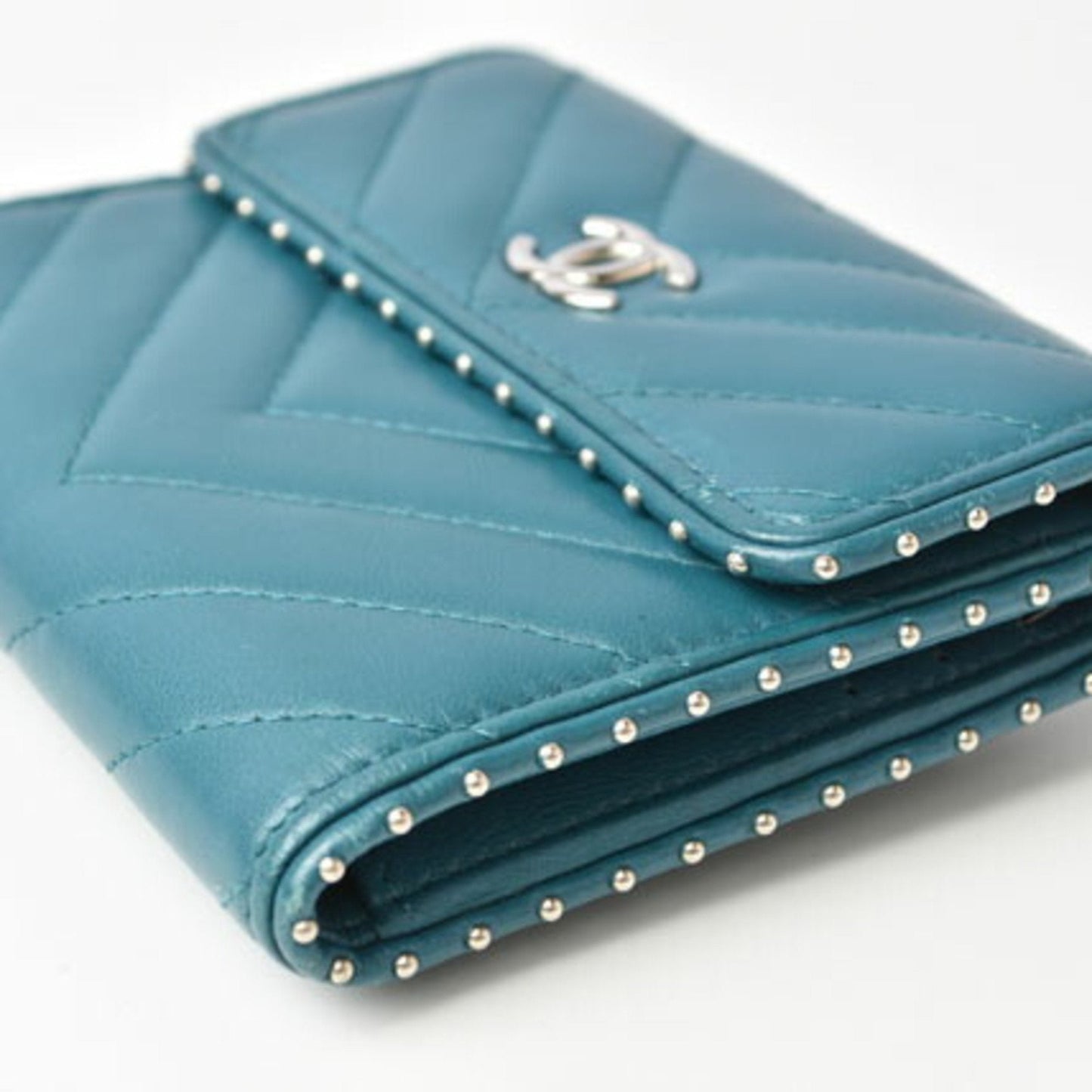 CHANEL wallet  chevron studs turquoise blue