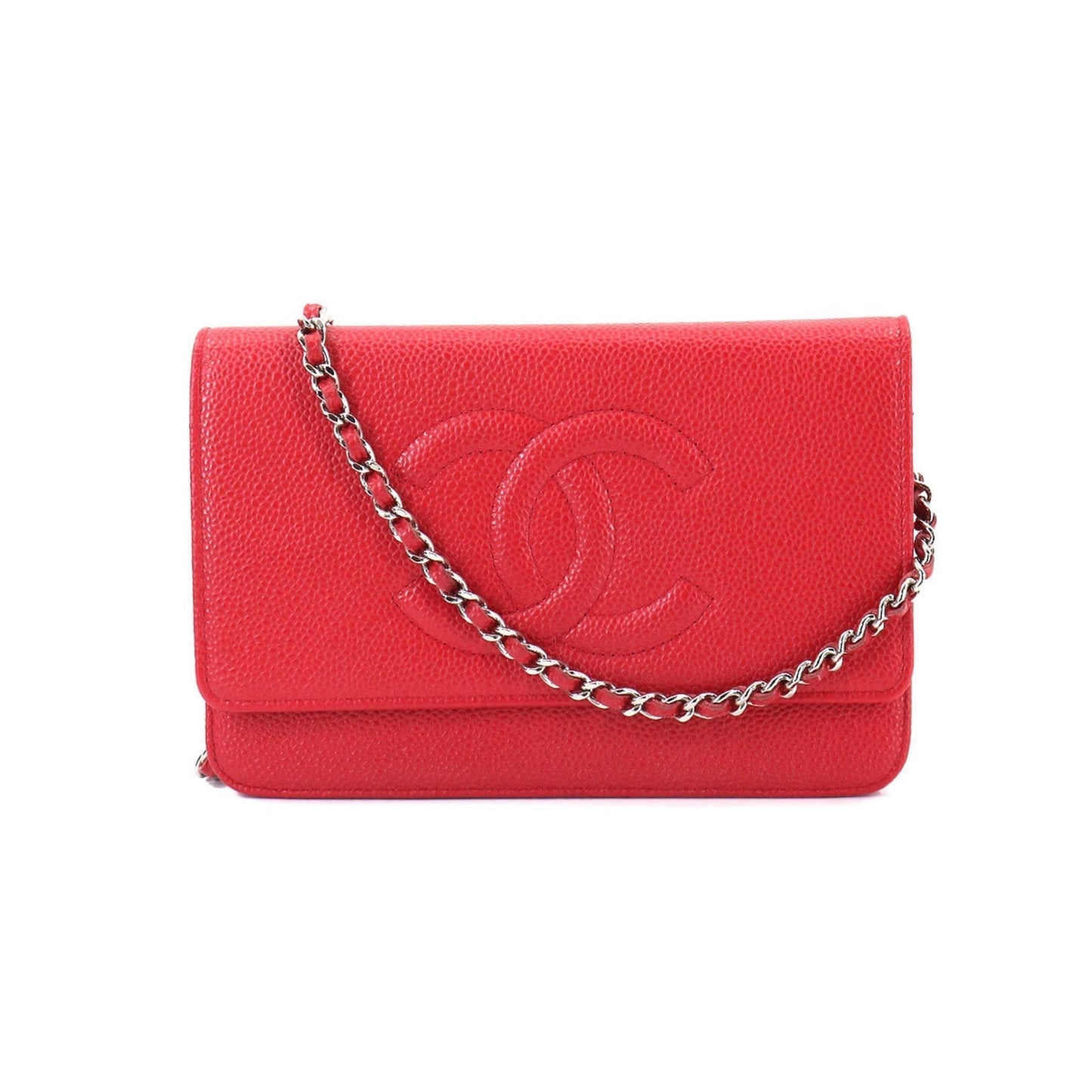 Chanel caviar skin chain wallet folio long leather red A48654 silver metal fittings Chain Wallet