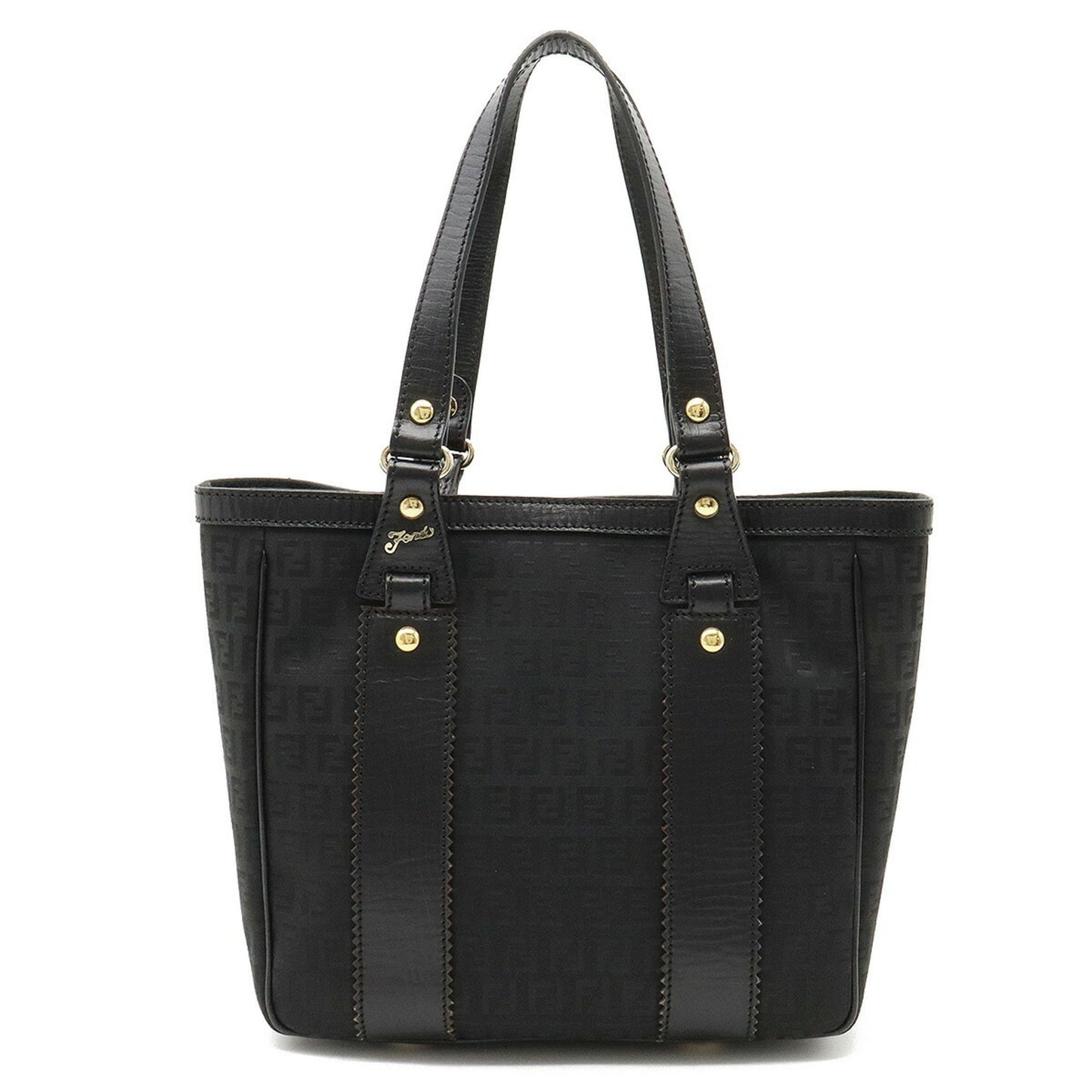 FENDI Zucchino Zucca Pattern Tote Bag Shoulder Canvas Leather Black 8BH161