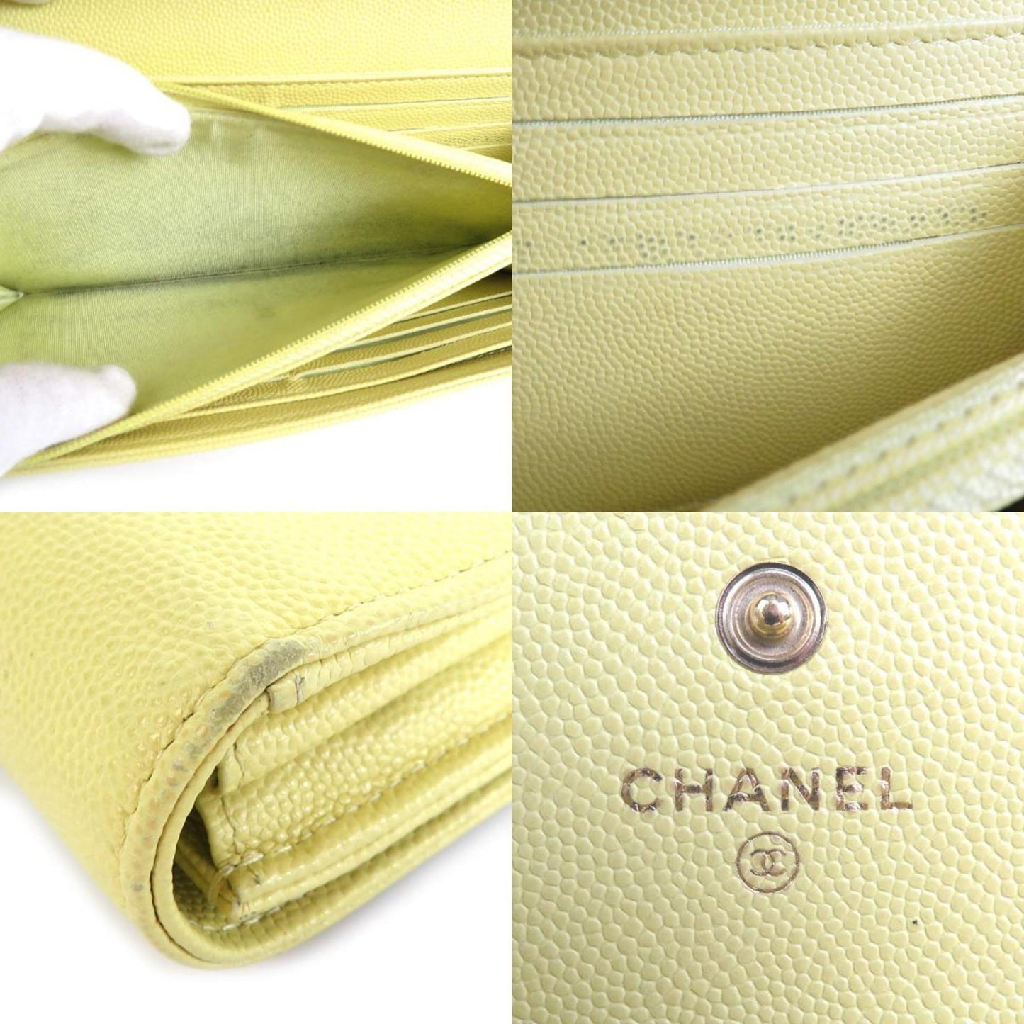 CHANEL Long Wallet Coco Mark Caviar Skin Leather Light Yellow Women's r9578a